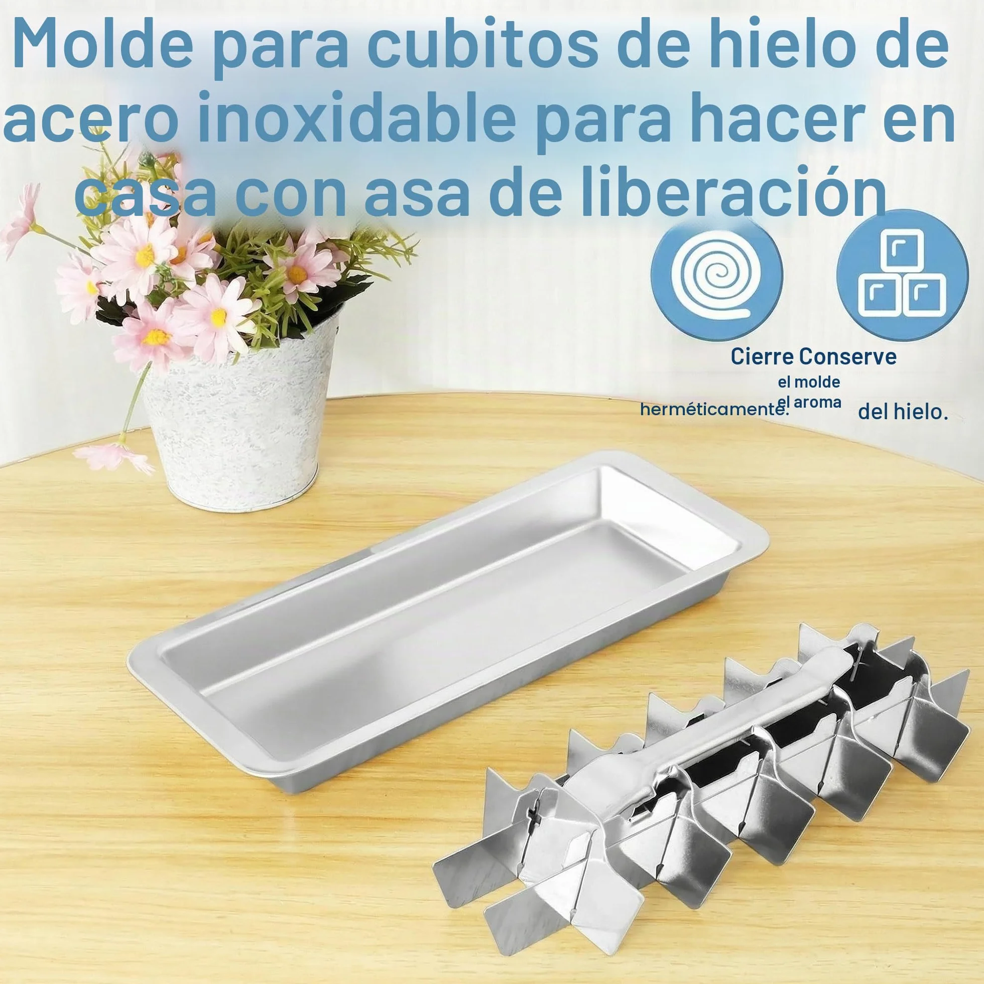 Cubitera de acero inoxidable con 18 ranuras, bandeja para hielo con asa, extracción fácil