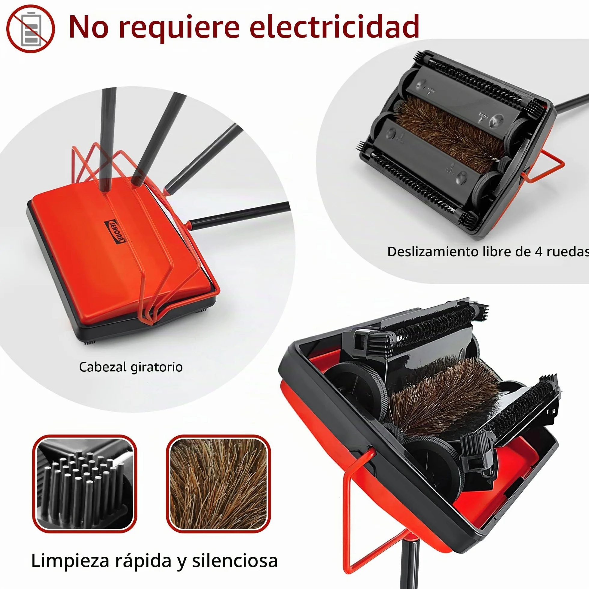 JEHONN Barredora Manual de Tapetes Cepillo de Crin de Caballo para Pelos de Mascotas Rojo