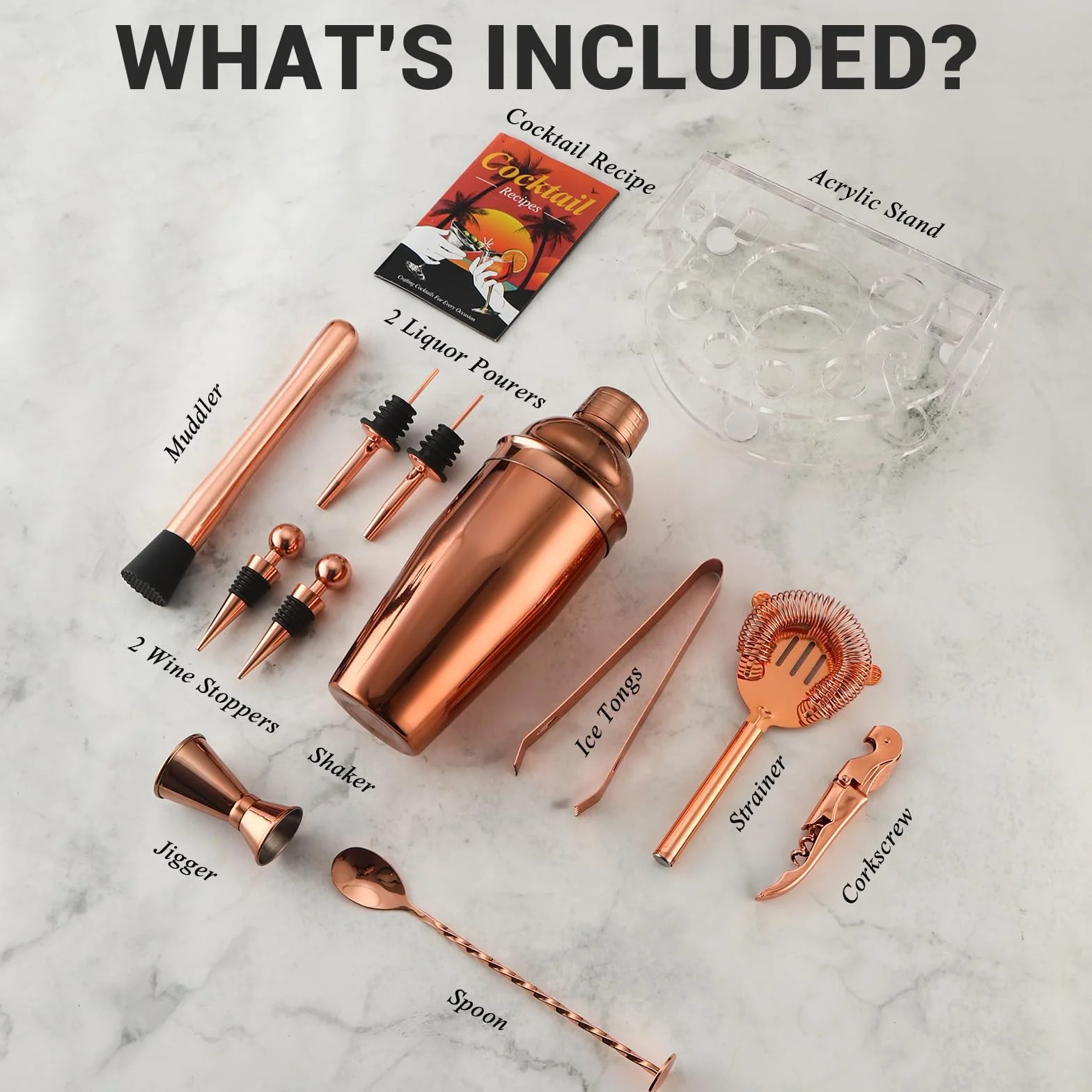 Juego de Coctelera de Acero Inoxidable con 12 Piezas, Kit de Bar Profesional (Oro Rosa)