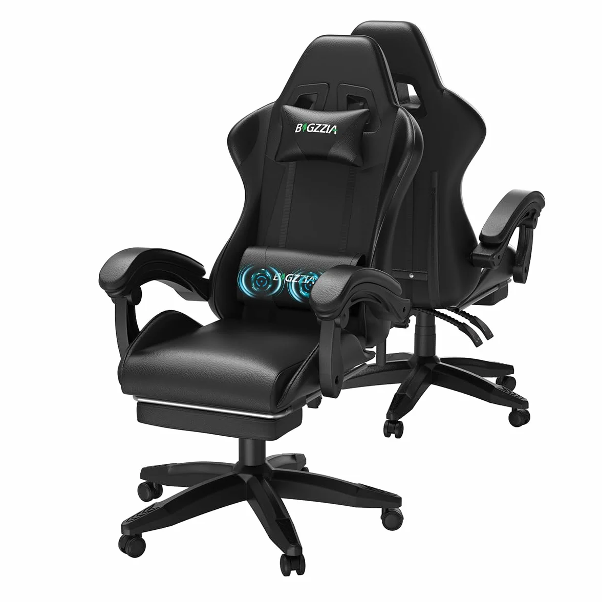Silla Gaming Ergonómica con Reposapiés y Almohada Lumbar de Masaje, Altura Ajustable - Negro