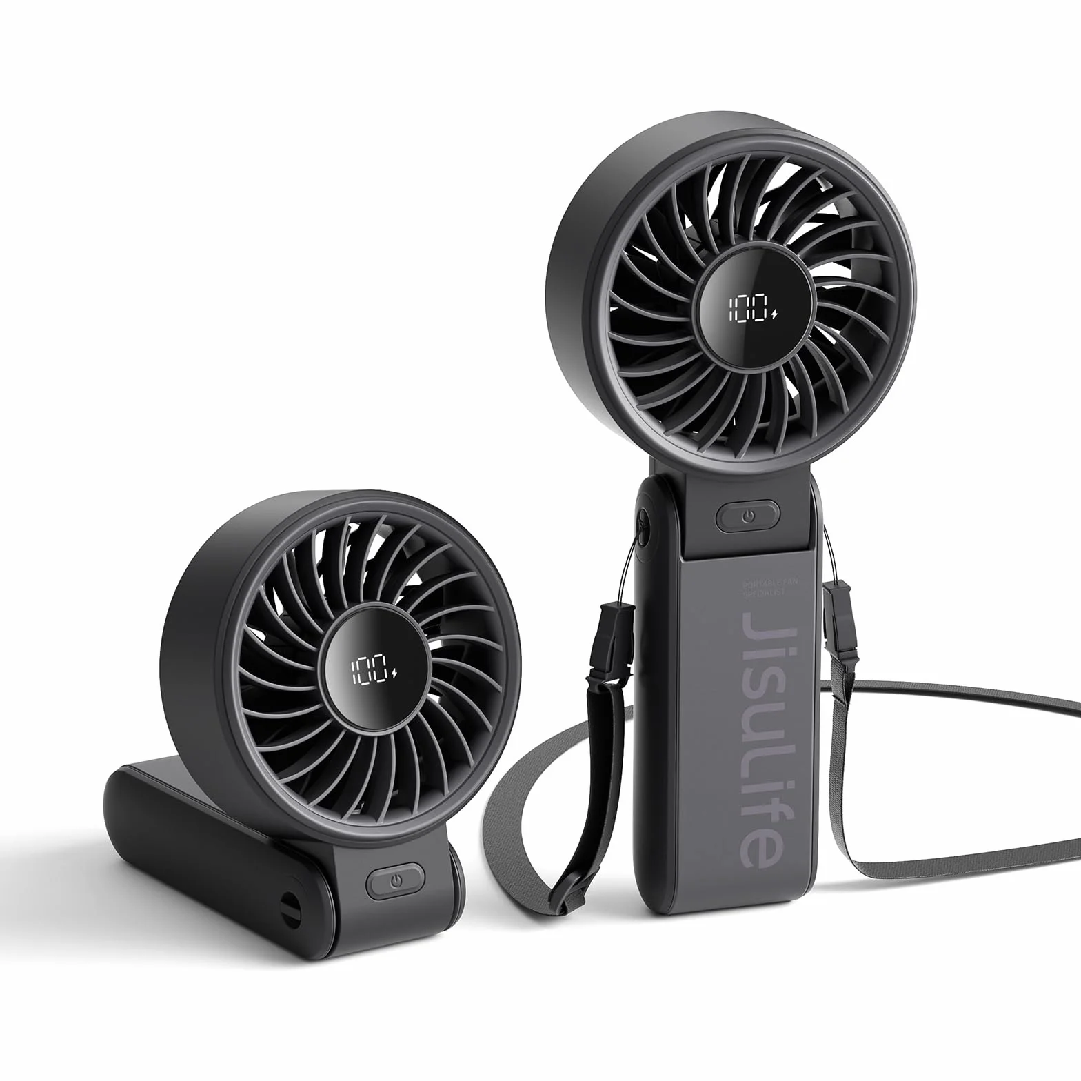 JISULIFE Ventilador de mano, ventilador portátil con pantalla LED [enfriamiento máximo de 19,5 horas] 5000 mAh, plegado a 150 °, 5 velocidades, ventilador de mano/escritorio/cuello 3 en 1, negro