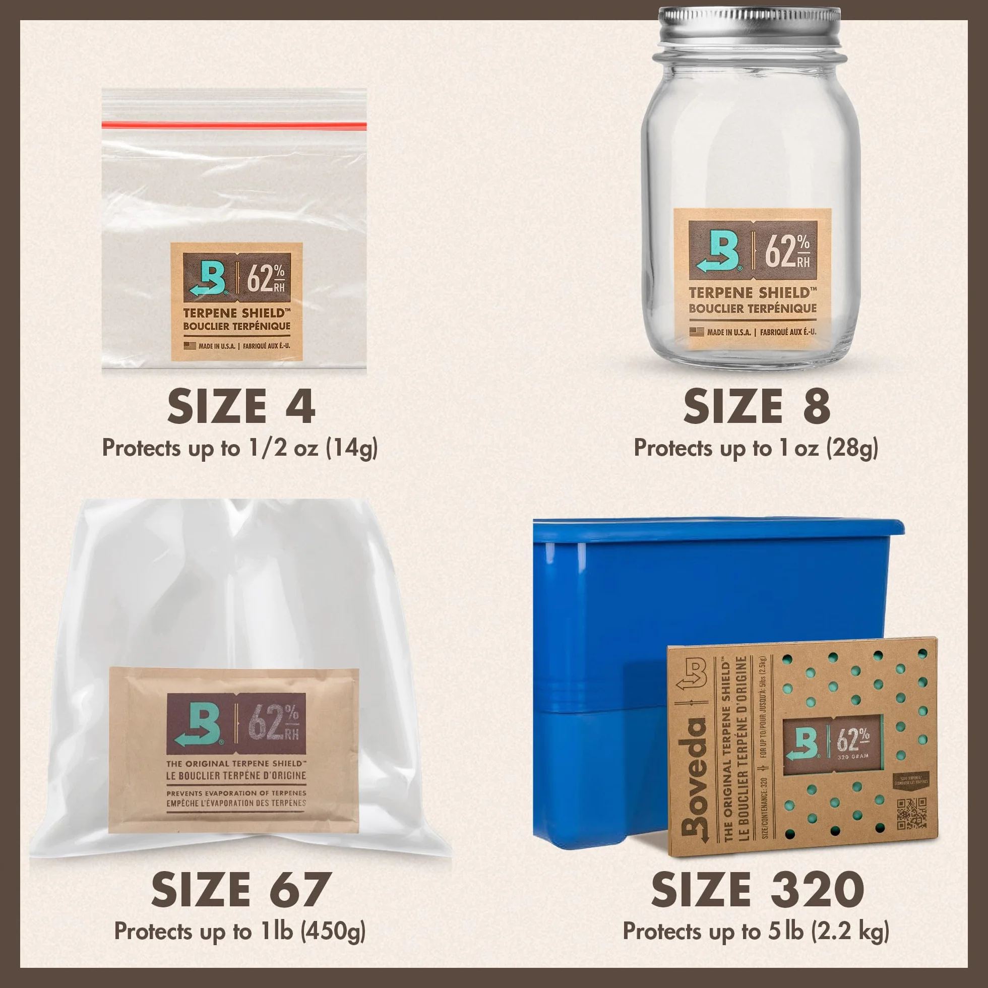 Boveda Bolsitas para almacenar remedios naturales Control doble de la humedad 58% HR Tamaño 8 para 30 g Pack de 10