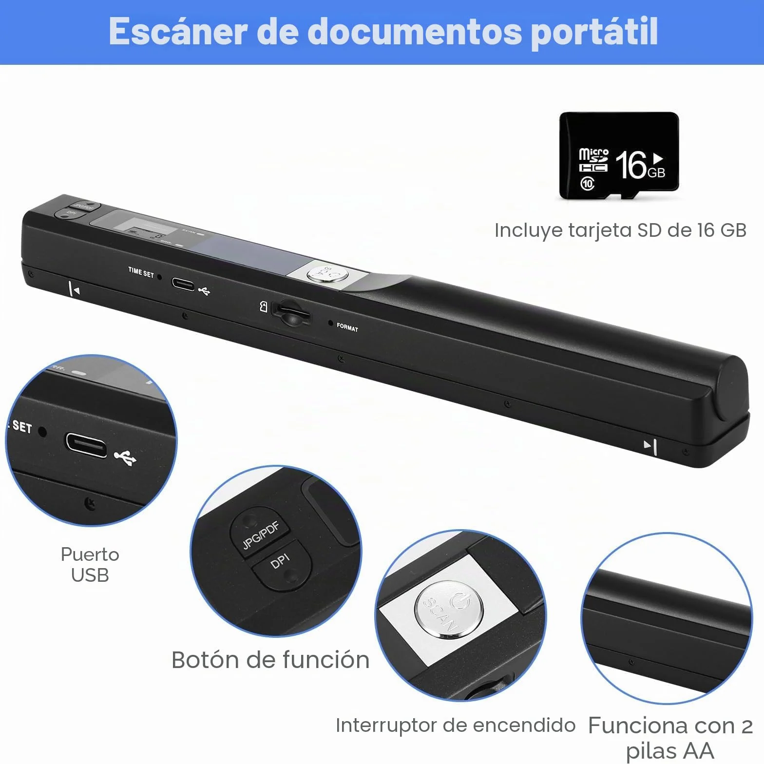 Escáner de Documentos portátil 900 dpi, Escáner de Fotos A4 Recargable por USB con Tarjeta SD 16GB