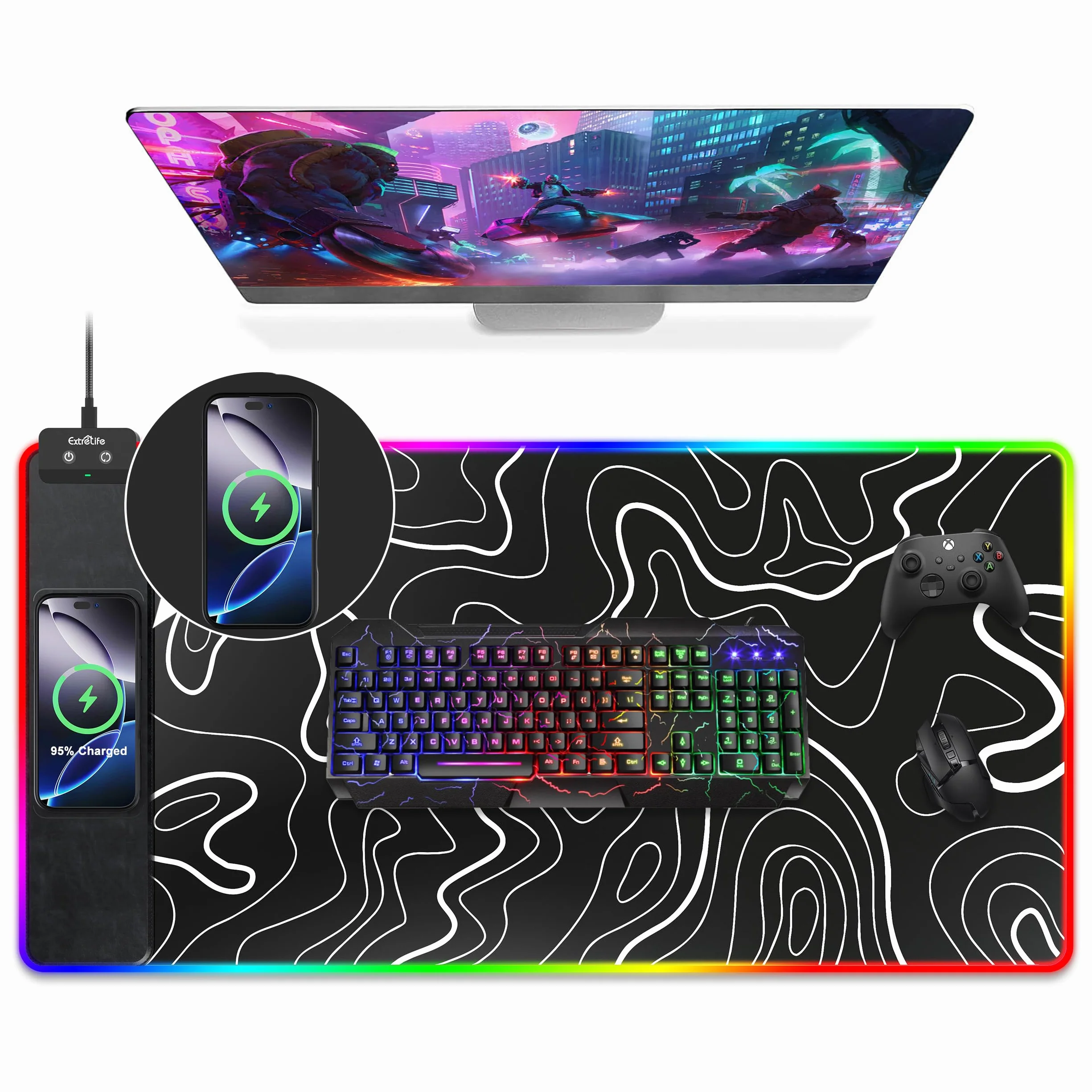 Alfombrilla de mouse de carga inalámbrica, alfombrilla de mouse RGB para juegos, alfombrilla de escritorio grande con superficie ultrasuave, antideslizante, impermeable, almohadilla para teclado de
