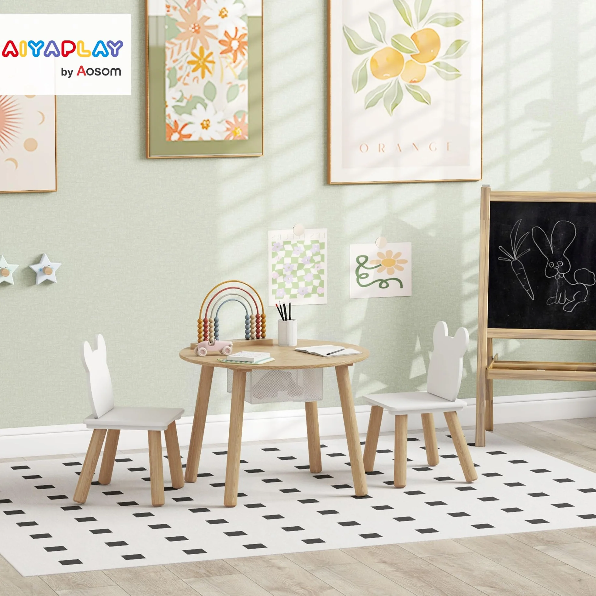 AIYAPLAY Mesa y Sillas Infantiles de 3 Piezas con Almacenaje para Niños 3-6 Años Guardería Sala de Juegos Natural