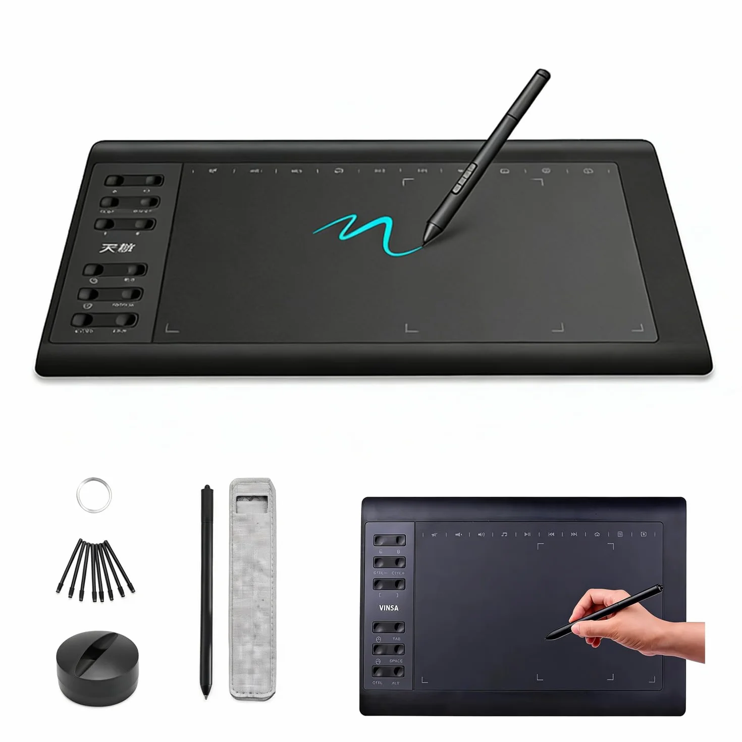 Tableta gráfica, tableta de dibujo, pantalla grande de 10 x 6 pulgadas, lápiz profesional sin sensibilidad a la presión de la batería, compatible con diferentes dispositivos, ideal para pintar, cursos