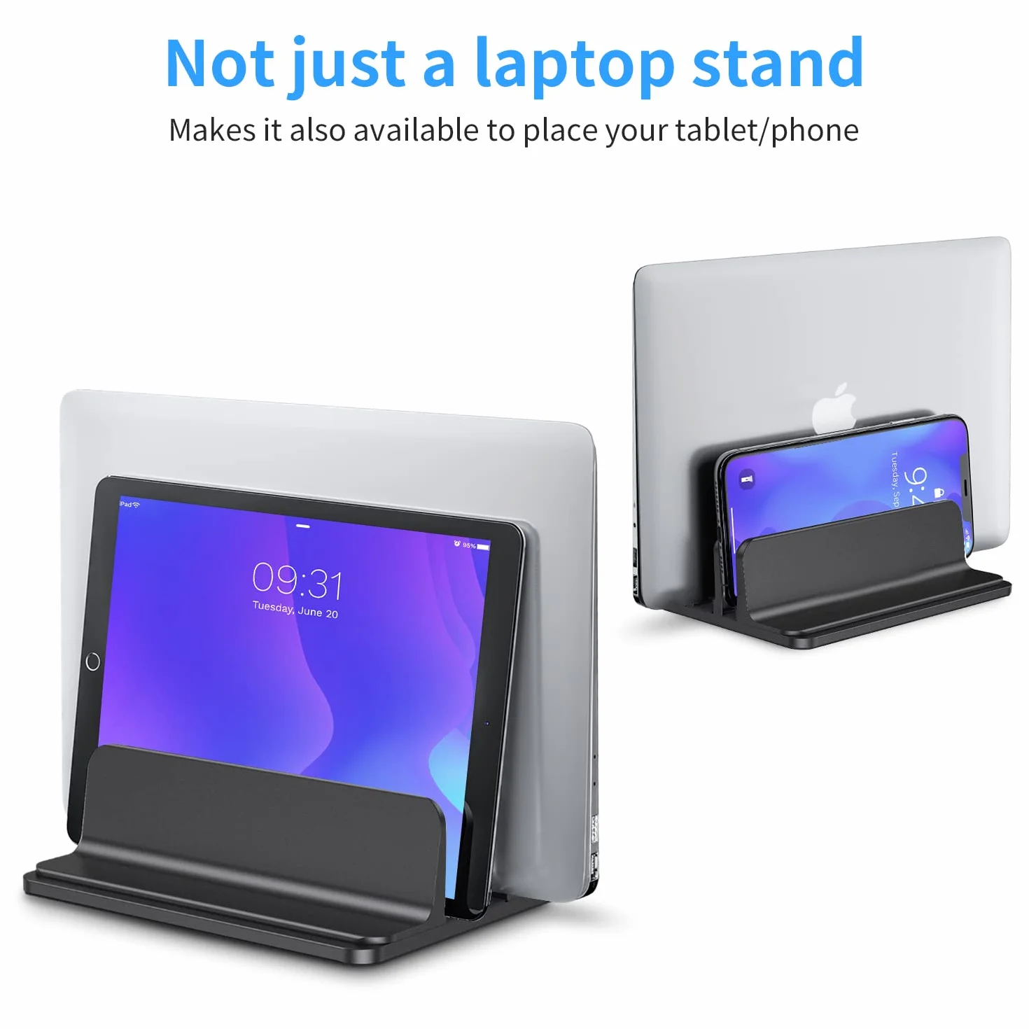 Soporte Portátil Vertical Dual, Vertical Soporte para Ordenador Portatil de Aluminio con Base Ajustable para Macbook Pro Air, HP, DELL, Surface, Lenovo y Otros Portatiles, Laptop Stand (Negro)