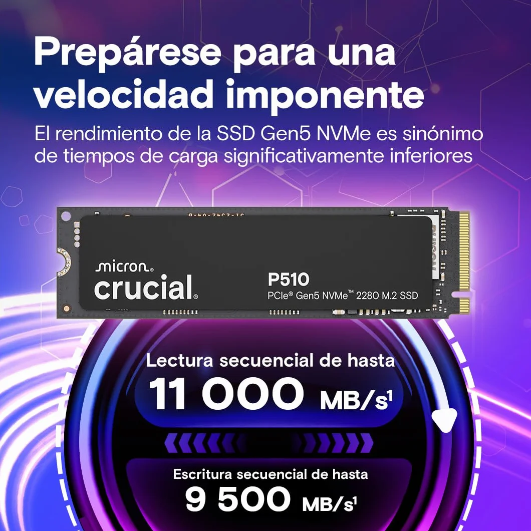 Crucial P510 SSD 1TB PCIe 5.0 x5 Gen5 NVMe M.2, Velocidades de lectura hasta 11.000 MB/s, escritura 9.500 MB/s, Ordenador Portátil y de Sobremesa, TLC NAND, Disco Duro Interno- CT1000P510SSD8-01