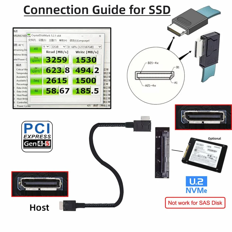 Cable activo de datos OcuLink PCIe 4.0 PCI-Express SFF-8611 4i a SFF-8611 en ángulo izquierdo de 90 grados para eGPU SSD de 50 cm