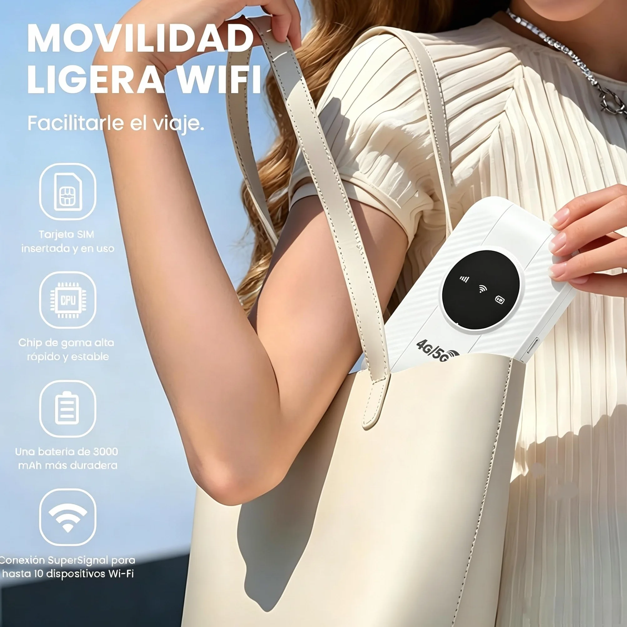 Router WiFi Portátil 4G/5G Desbloqueado con Ranura SIM, Conexión para 10 Dispositivos, Cobertura 4G/5G, Compatible con Todos los Operadores, Seguridad WPA2, Ideal para Viajes y Teletrabajo