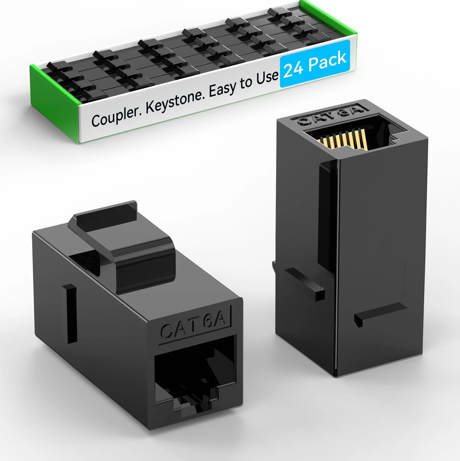 Sokqovt Acoplador Keystone CAT6a RJ45 (paquete de 24), acoplador Keystone Cat6a hembra a hembra, acoplador Keystone Cat 6 para placa de pared y panel de conexión, acoplador Keystone Ethernet negro