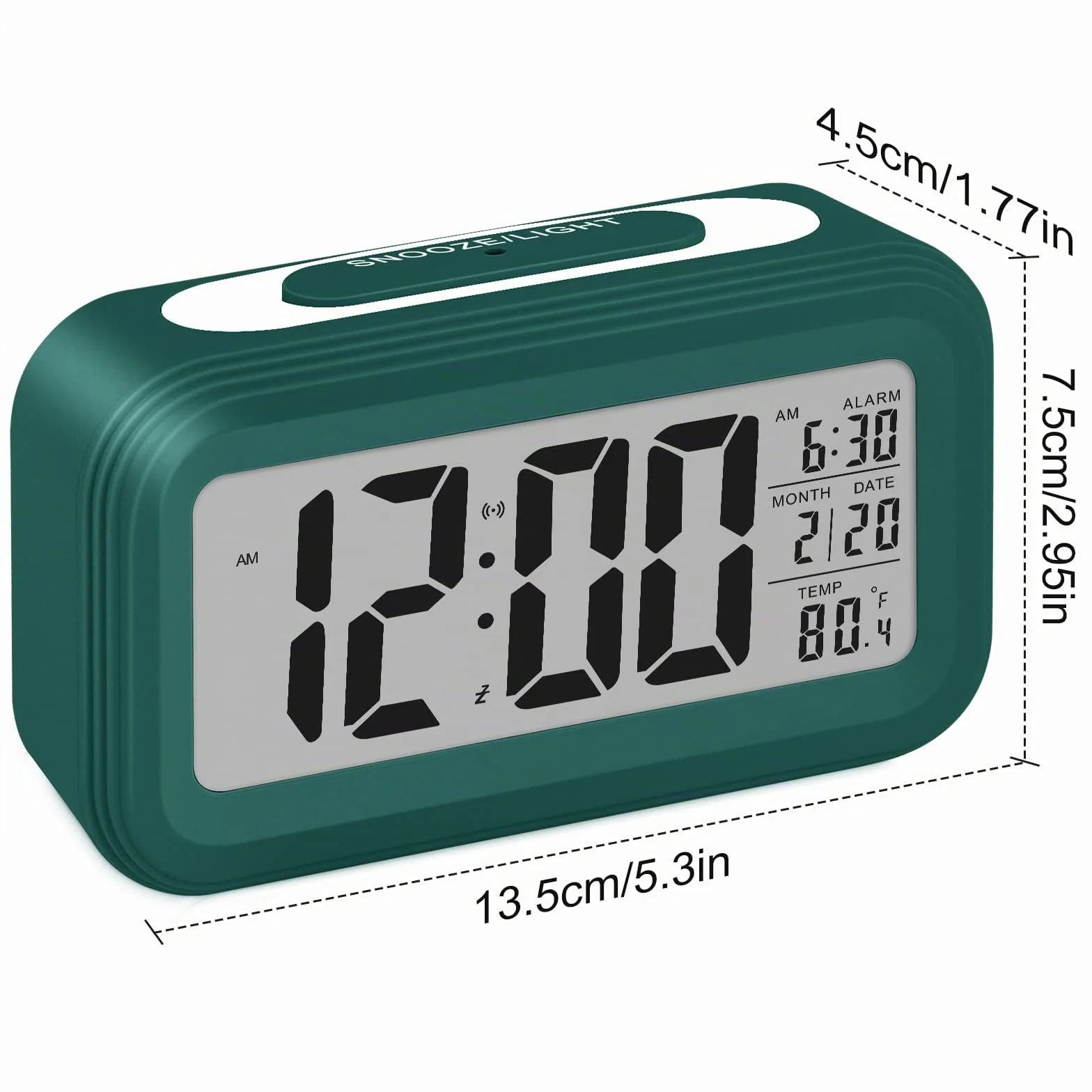 Despertador Digital Silencioso Inteligente a Baterías con LED Luminoso Función Snooze Fecha Temperatura Verde Oscuro