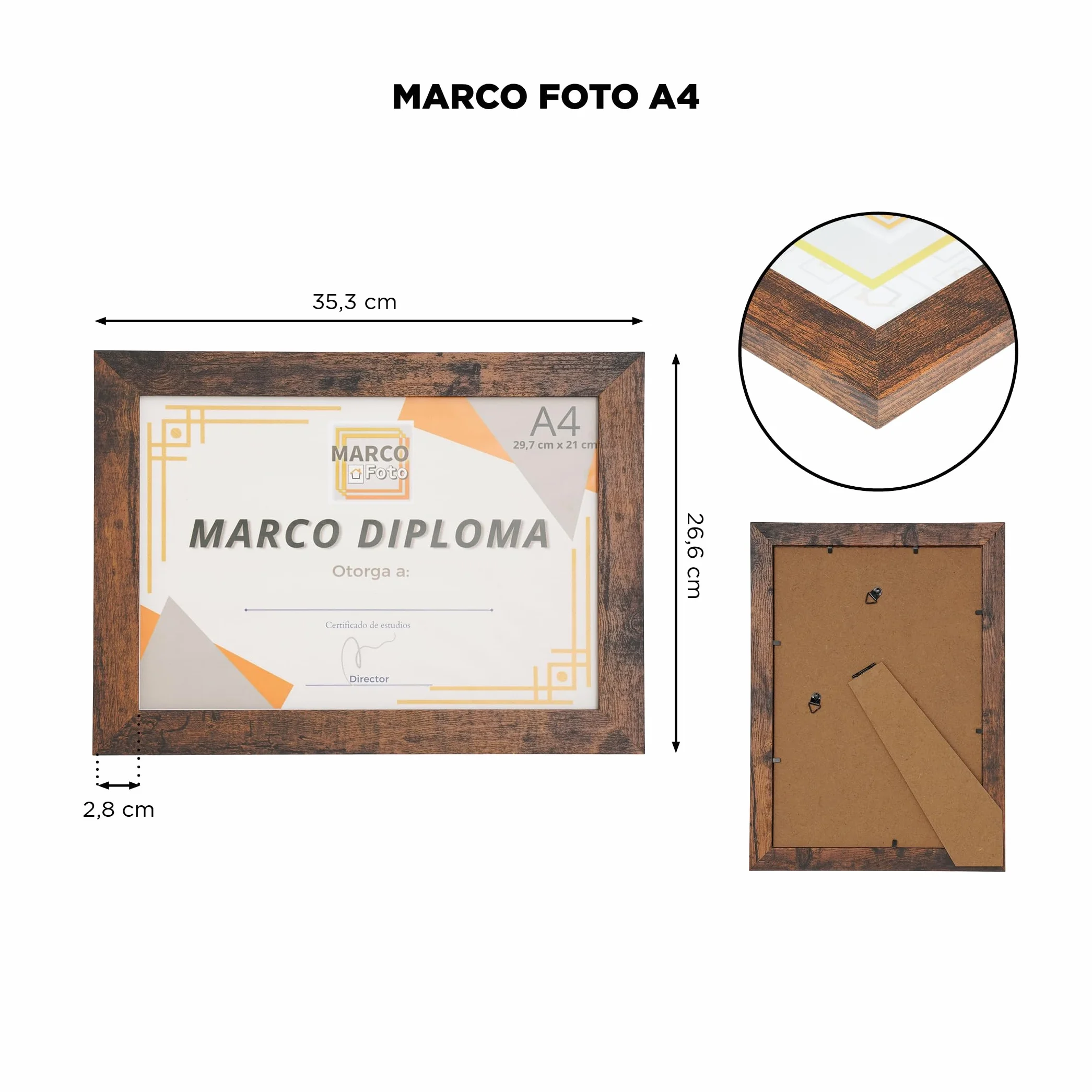 Marco de Fotos A4 Marrón Rústico 21x29,7 cm Portafotos de Pared MDF con Cristal
