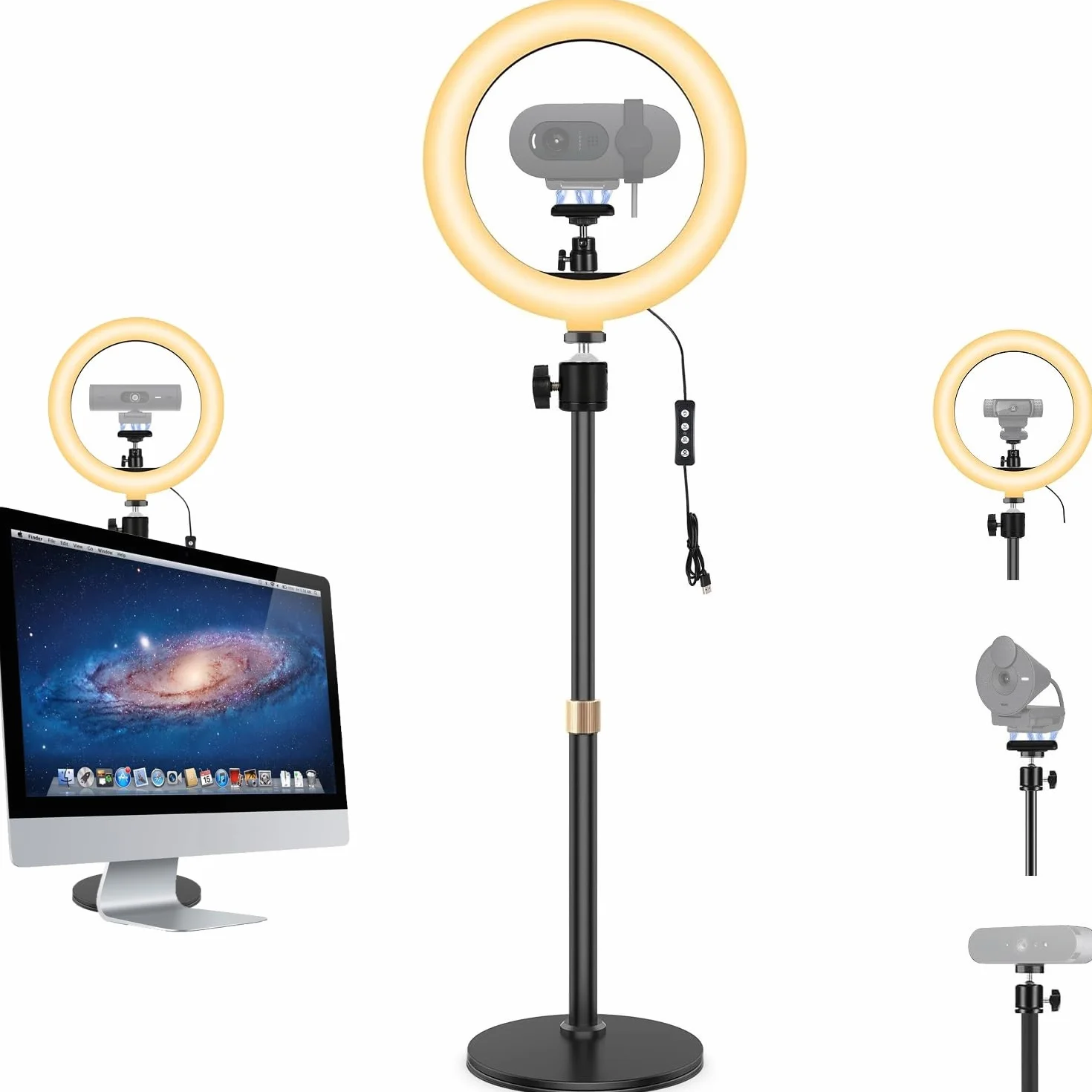Soporte magnético para luz selfie para cámara web, anillo de luz de 26 cm con soporte de escritorio compatible con cámaras web Logitech Brio 500/Brio 300/Brio 100/Brio 4K/C270 C270i C300
