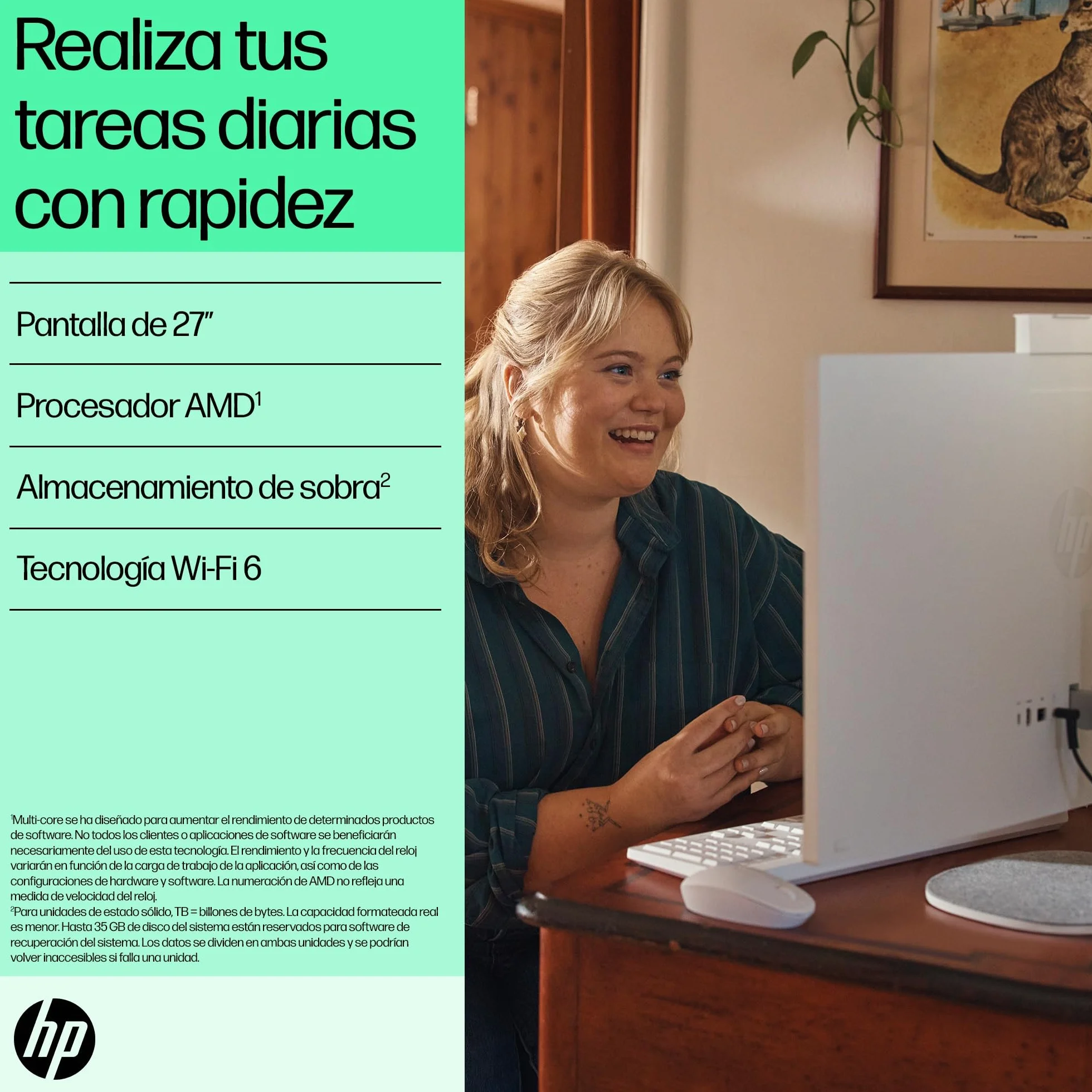 HP All-in-One 27-cr0007ss - Ordenador de sobremesa 27" Full HD con cámara, Teclado y ratón inalámbricos (AMD Ryzen 5 7520U, 16GB RAM, 512GB SSD, Windows 11 Home) Blanco