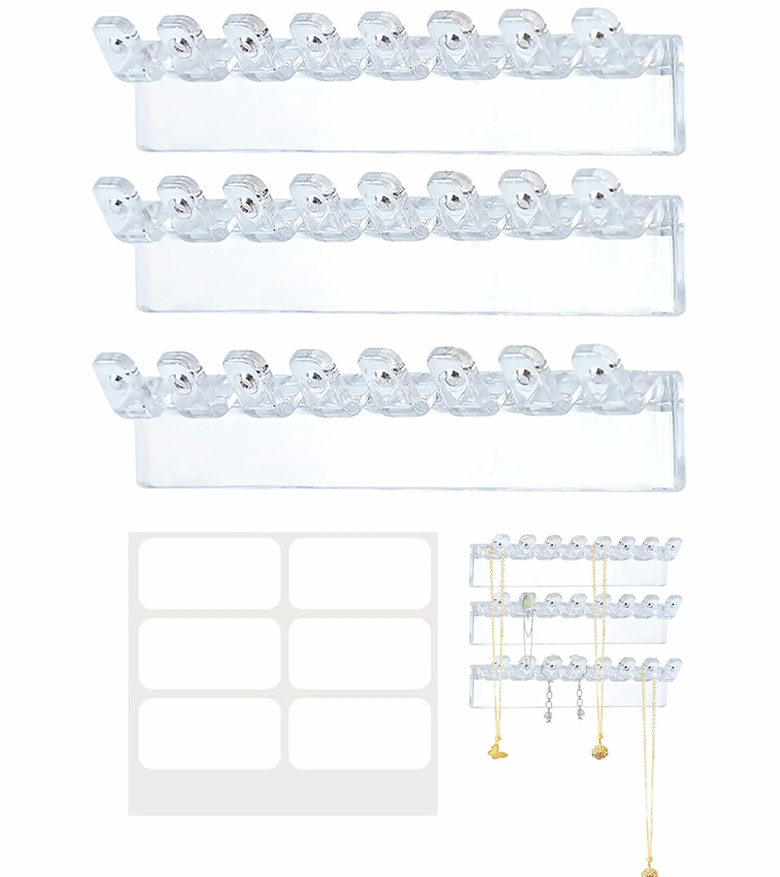 Pack de 3 Organizadores Collares de Acrílico Transparente, Colgador Collares Pared con 8 Ganchos y 8 Agujeros para Pendientes, Anillos, Pulseras y Brazaletes, Fácil de instalar