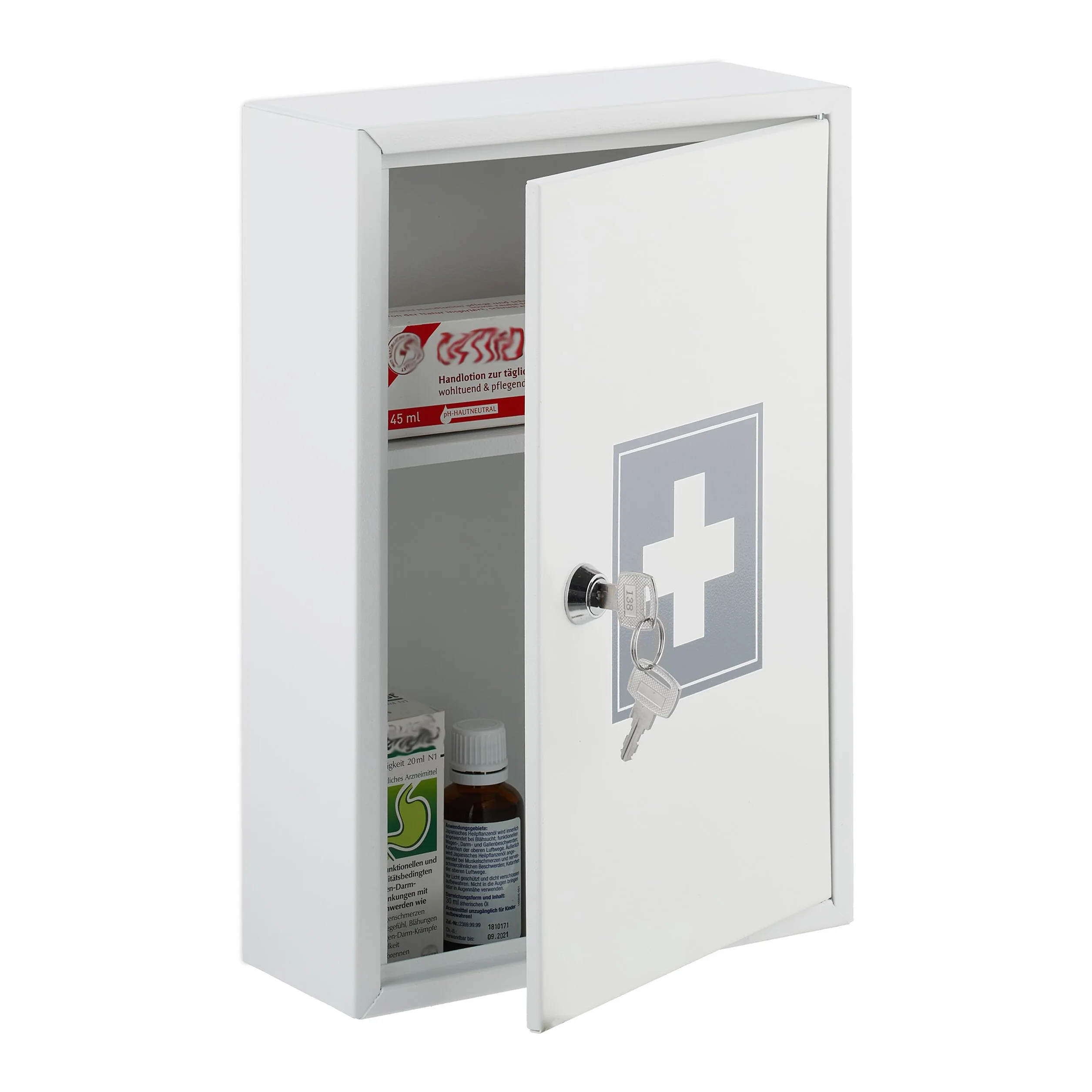 Relaxdays Armario Botiquín Puerta Cruz 2 Compartimentos Cerradura 32x21,5x8 cm Caja Medicinas Colgante Blanco y Gris