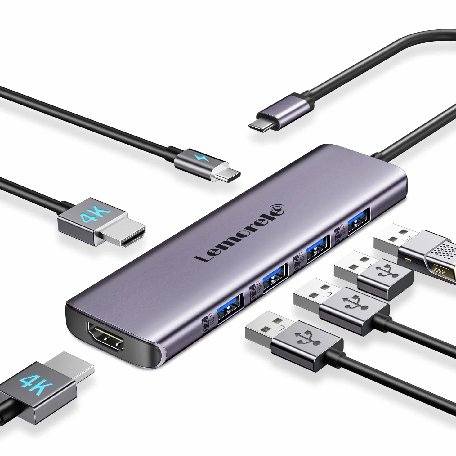 Lemorele Docking Station USB C Dual HDMI - 7 EN 1, Hub USB C de Aluminio con 2 HDMI 4K30Hz, USB 3.0/2.0, PD 100 W, Estación de Acoplamiento para MacBook, Windows, Switch y Chromecast