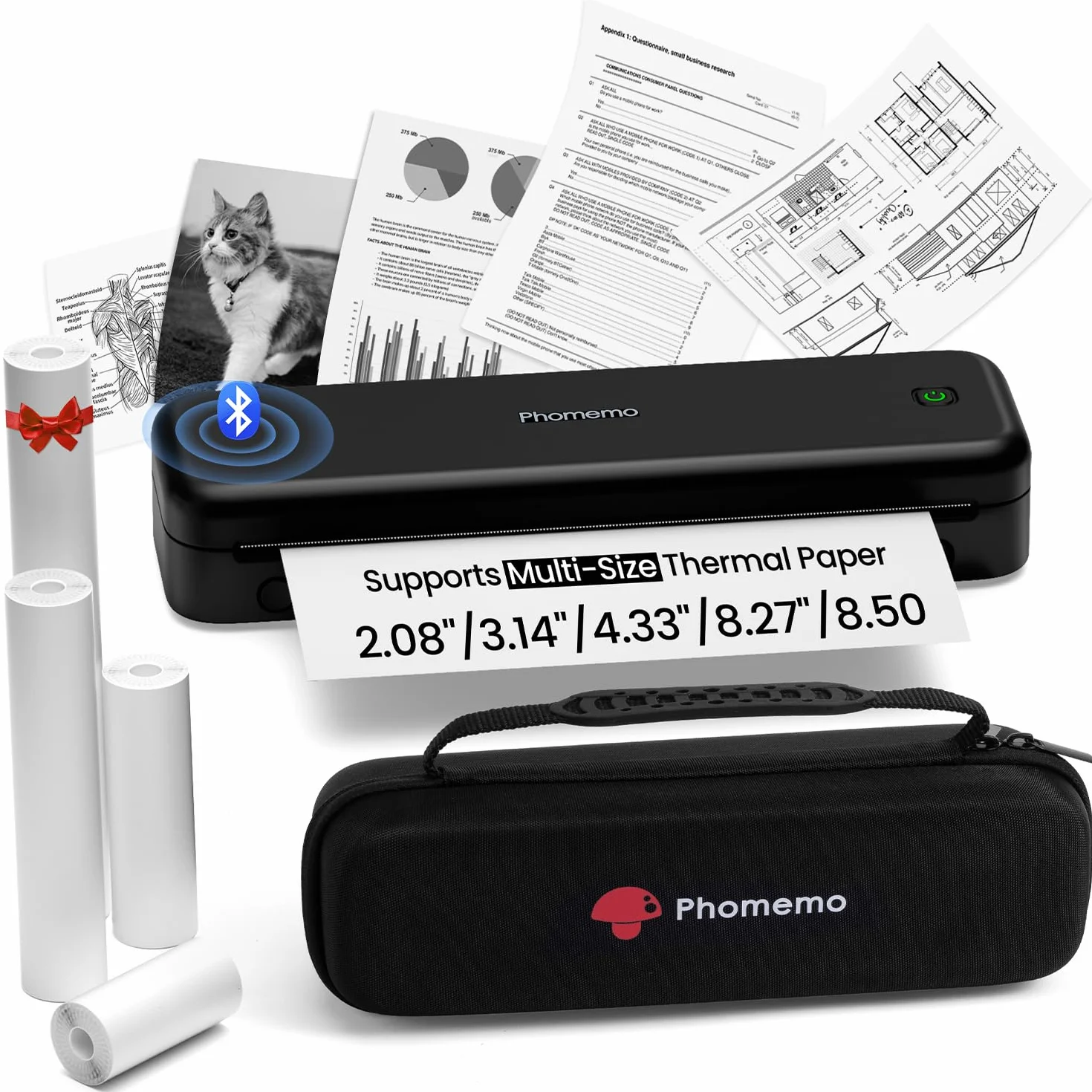 Phomemo M834 Impresora Termica A4, Impresora Portatil Inalambrica, Conexión de Smartphone por Bluetooth, Admite Papel Térmico A4, con Maletín de Transporte y 4 Rollos de Papel Térmico, Negro