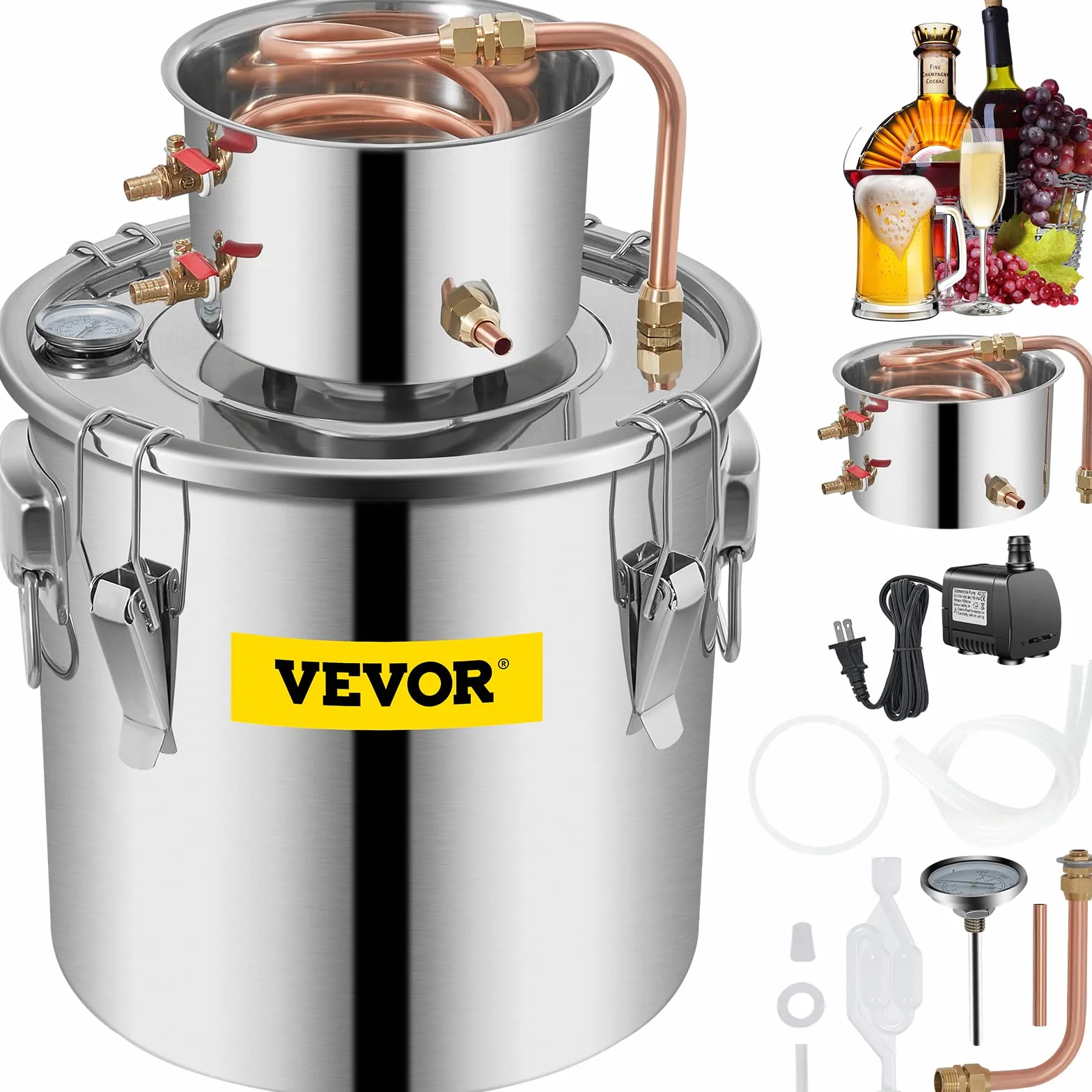VEVOR Destilador de Alcohol 30 L Kit Destilación Acero Inoxidable Bomba Circulación Termómetro