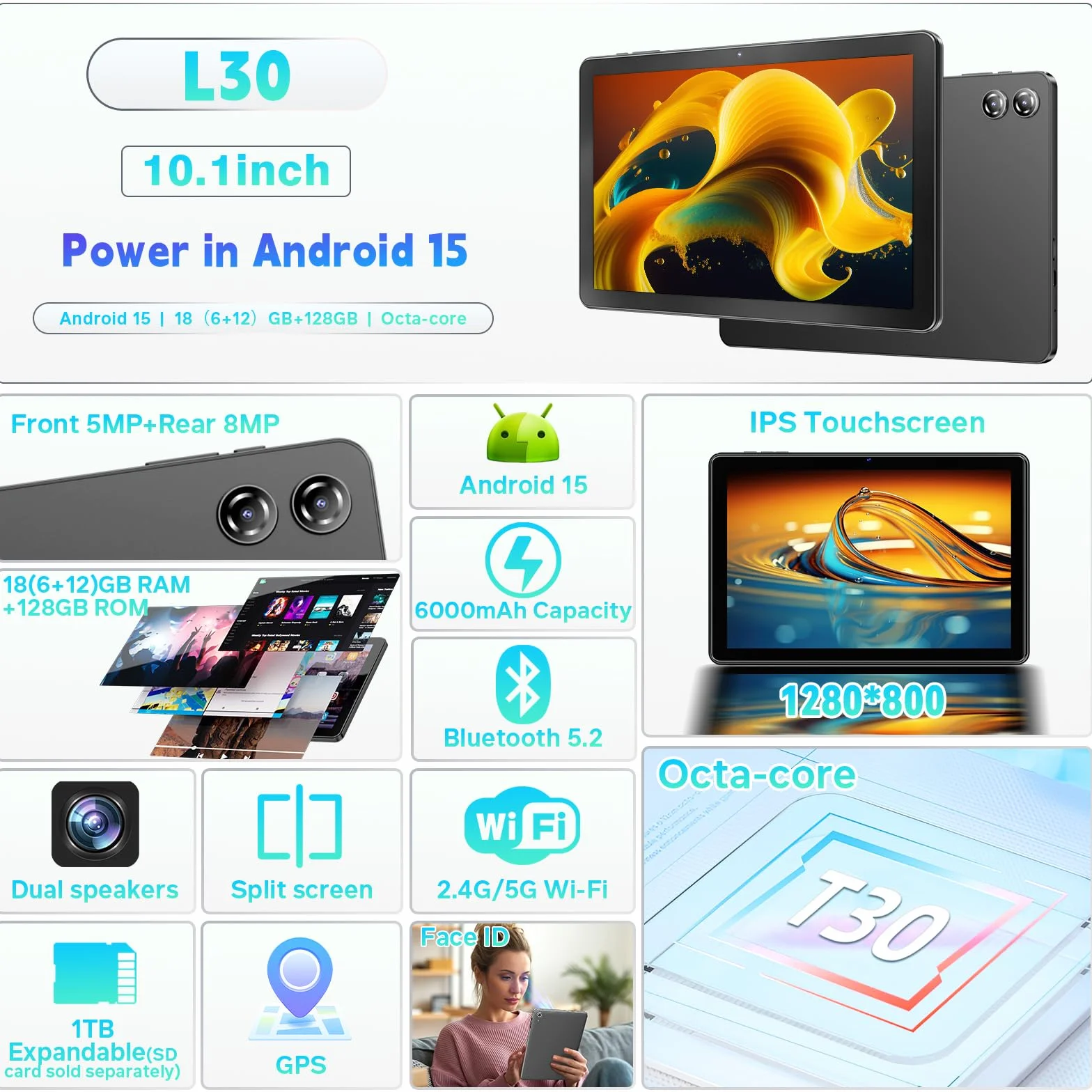 Tablet 10 Pulgadas Android 15, 18 GB RAM + 128 GB ROM, Google GMS, Expandible a 1 TB, Compatible con Widevine L1, Procesador Octa-Core con 2.4G+5G WiFi 5, BT 5.2, Batería de 6000 mAh, GPS, Cámara Dual