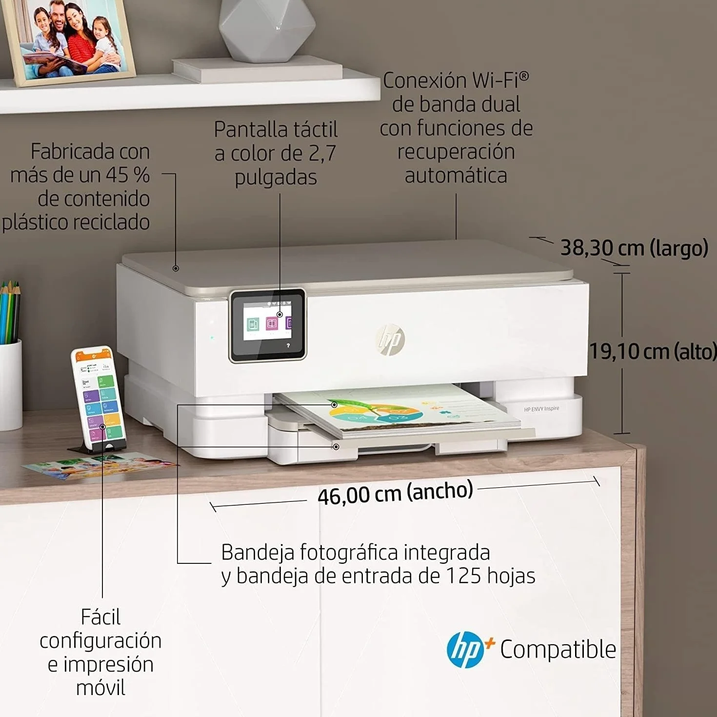 HP Envy Inspire 7220e 242P6B, Impresora multifunción de inyección de Tinta A4 a Color, Wi-Fi, impresión a Doble Cara automática, hasta 22 ppm, 6 Meses de impresión Instant Ink, Blanca