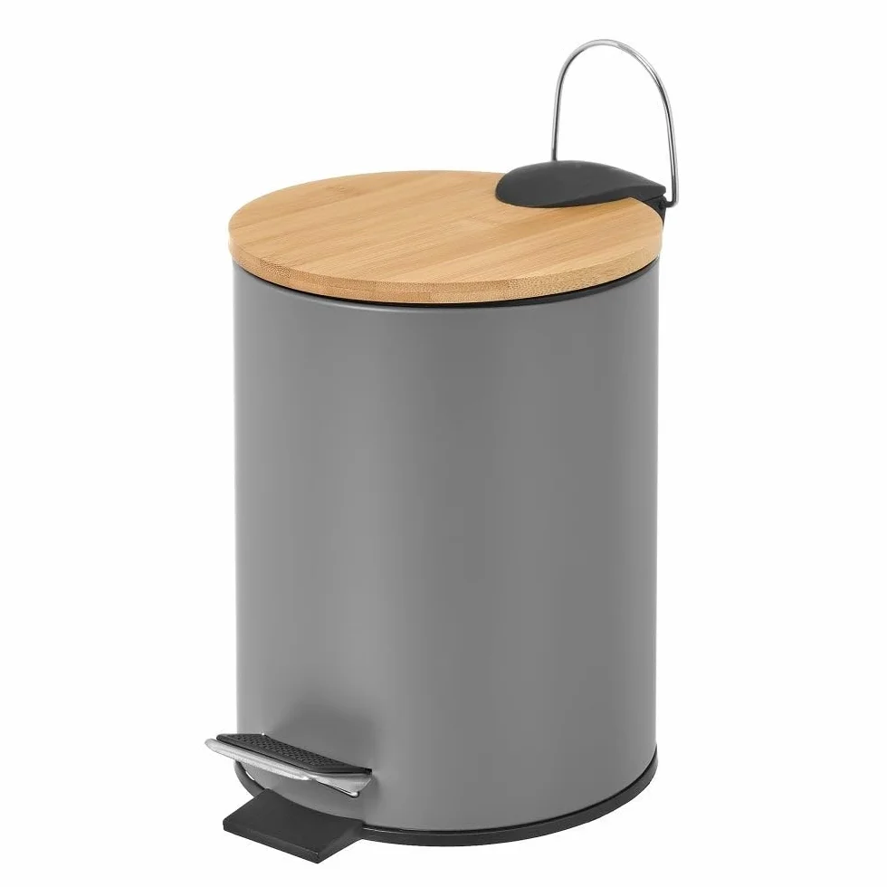 LOLAhome - Papelera de 3 litros de Pedal de Metal Gris y Tapa de Bambú para Baño - Cubo Interior Extraíble y Acabado Mate Antihuellas