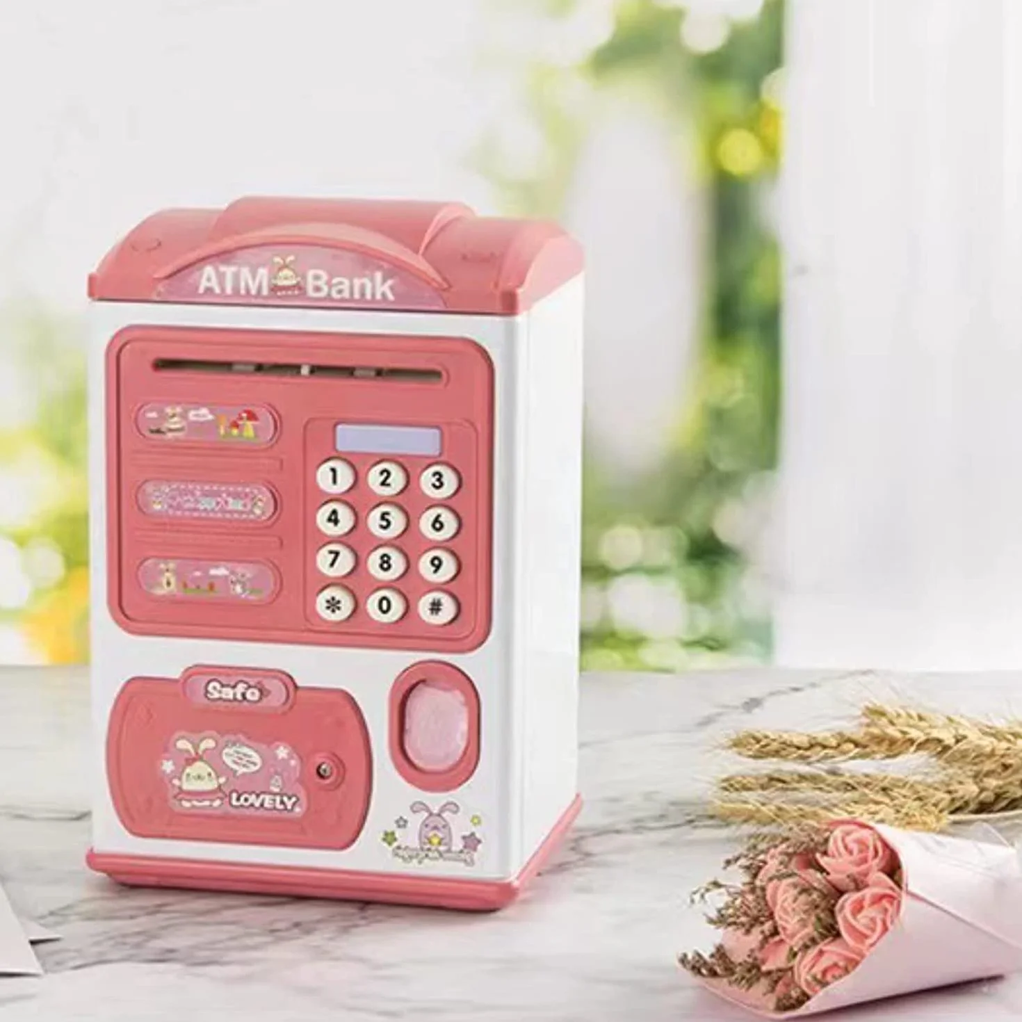 Alcancía Electrónica Infantil con Huellas Dactilares y Bloqueo de Contraseña, Mini Caja Fuerte para Niños, Juguete de Regalo (Rosa)