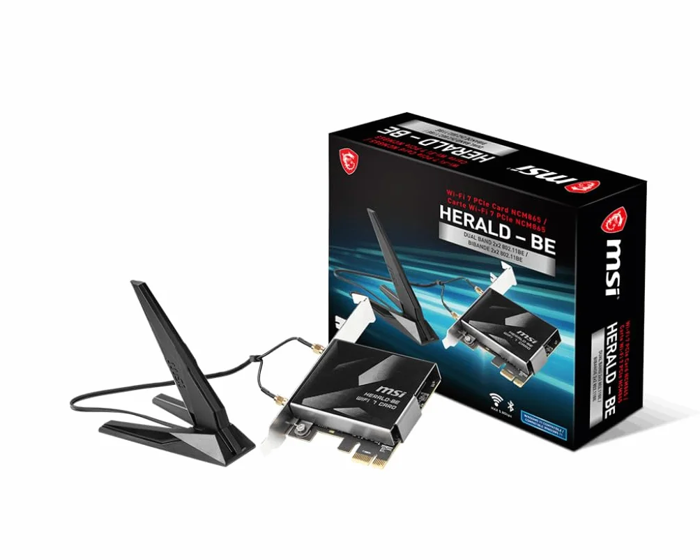 MSI Herald-BE WI-FI 7 MAX Tarjeta de Red Inalámbrica (Wi-Fi 7, 802.11BE, Bluetooth 5.4, PCIe, tecnología de operación multienlace, Antena Externa)