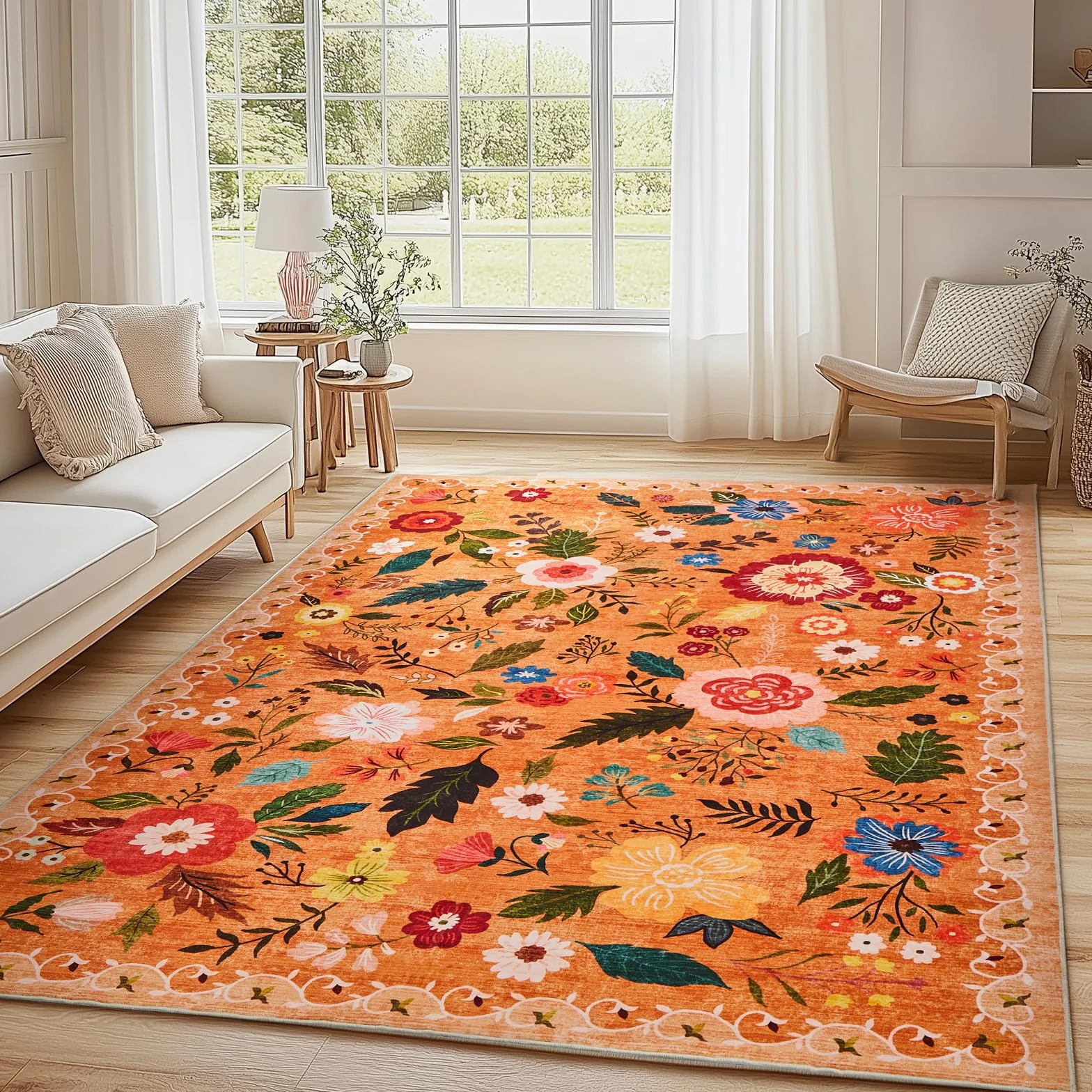 Alfombra de salón, 140 x 200 cm, estilo vintage floral, lavable y antideslizante, estampado plano, diseño ultrafino, ideal para dormitorios, habitaciones infantiles, baños y lavanderías, color naranja