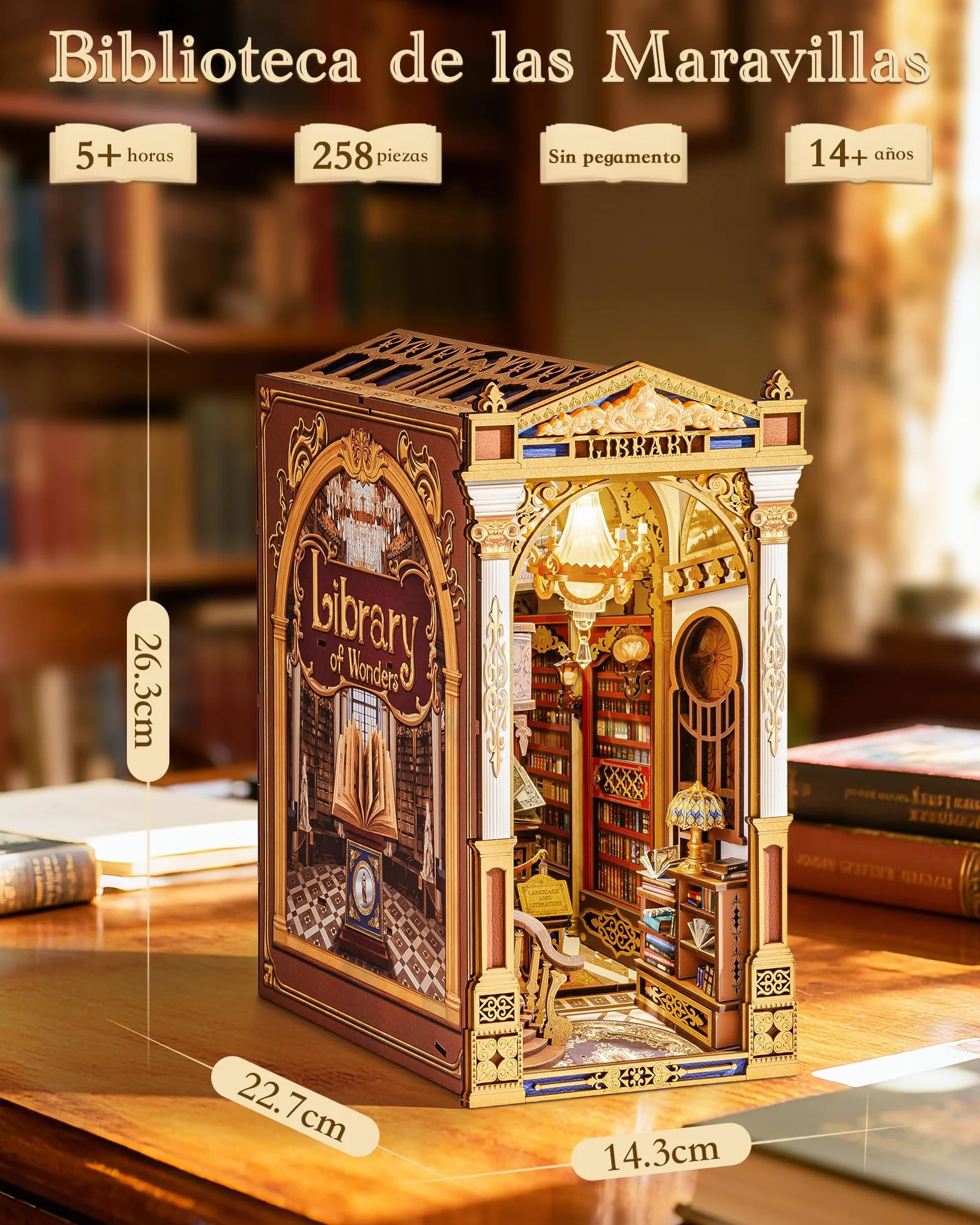 Rolife Book Nook Library of Wonders, Puzzle 3D de Madera, Kit de Casa Miniatura DIY, Sujetalibros Decorativo