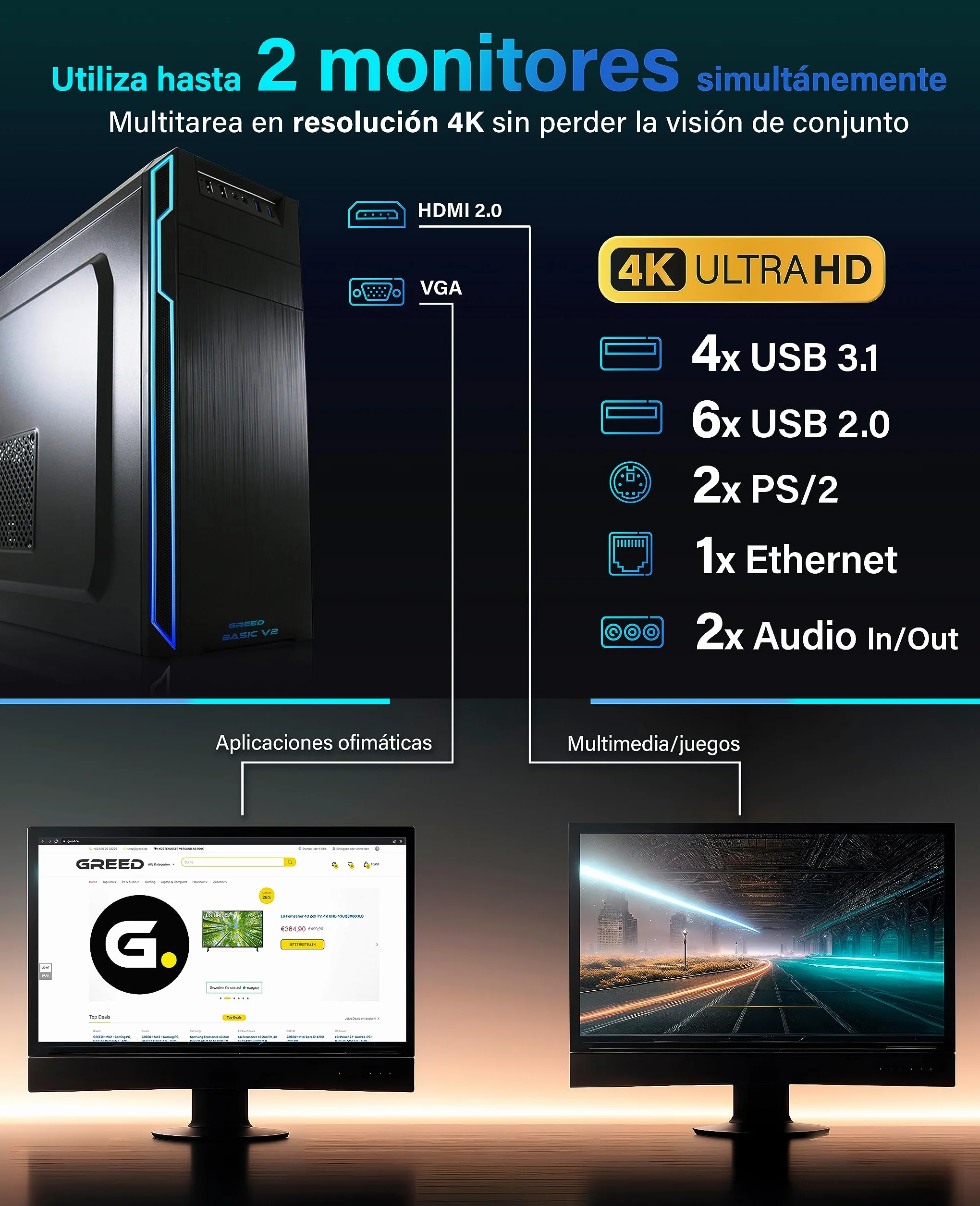 Greed® Multimedia V2 PC con Intel Core i7 10700 - Ordenador de sobremesa + Home Office PC con 4,8 GHz, 16 GB RAM - 512 GB SSD - DVD+RW - USB3.1 - Wi-Fi, con Windows 11 Pro