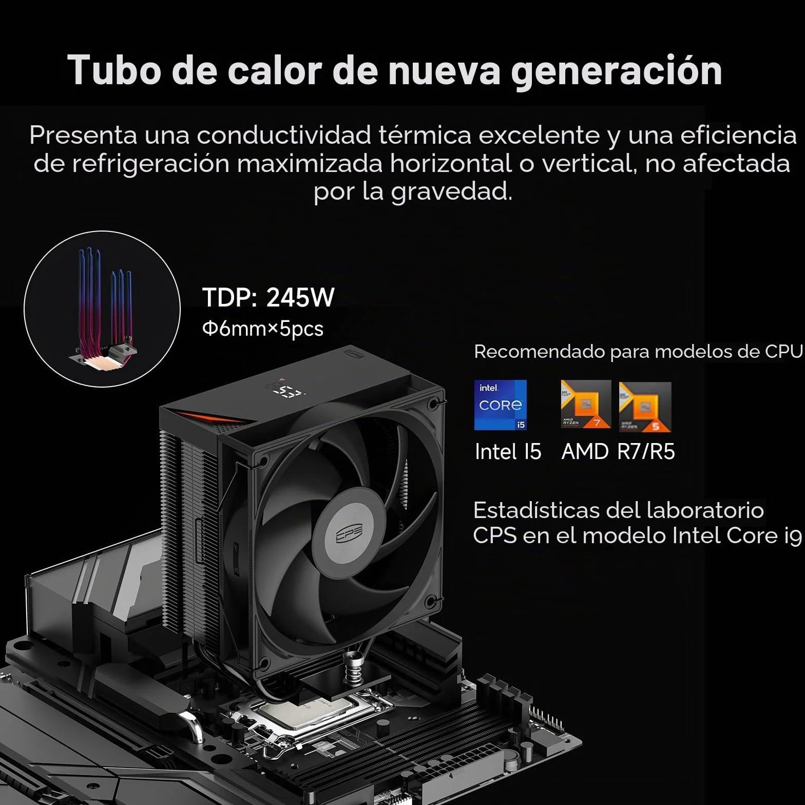 Disipador de CPU CPS RT500 Digital BK Disipador con pantalla digital, TDP 245W, 5 tubos de calor de 6 mm con ventiladores FDB de 120 mm compatible con AMD AM4/AM5, Intel LGA 115X/1200/1700/1851