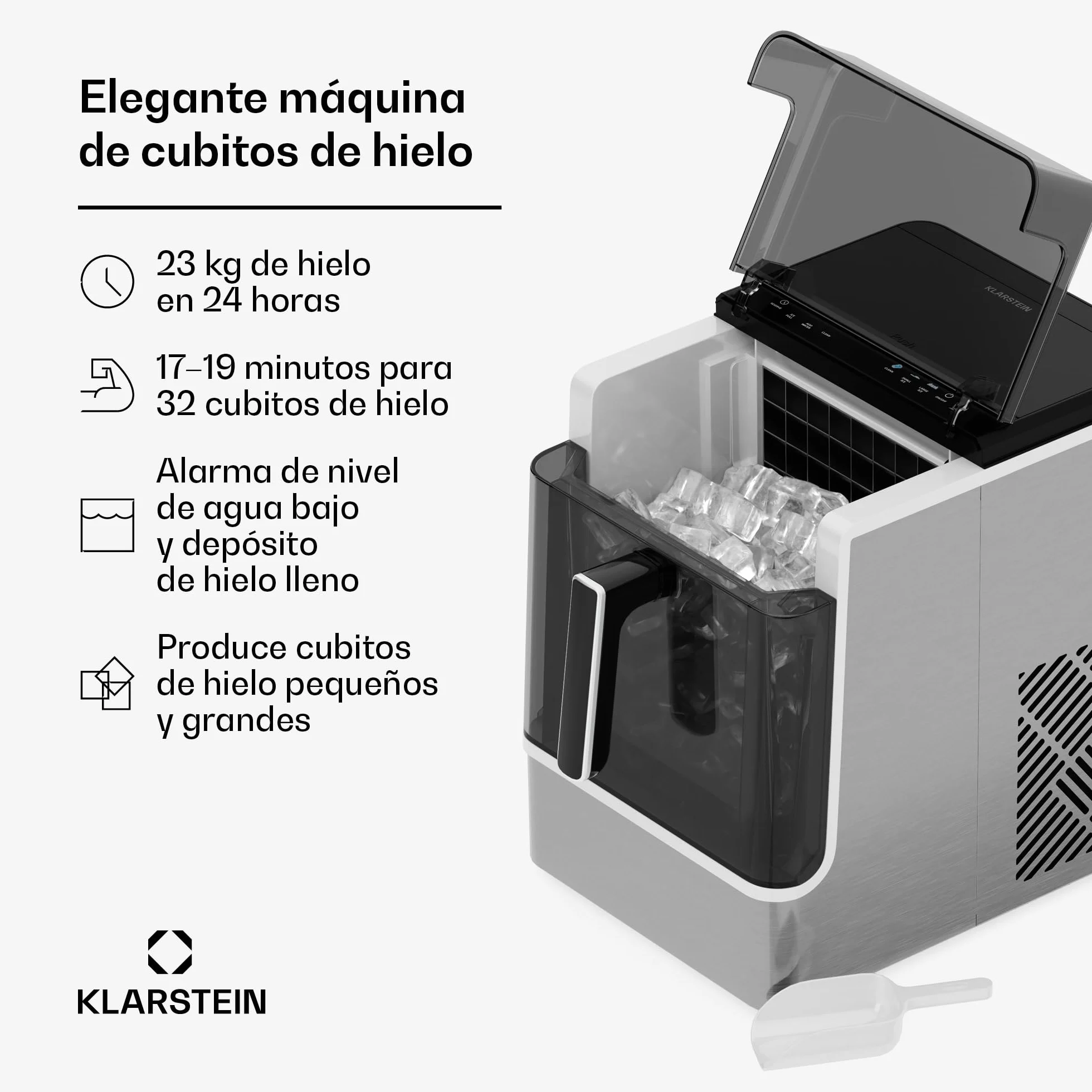 Klarstein Máquina de Hacer Hielo Acero Inoxidable 23kg/24h 32 Cubitos/17min Limpieza Automática