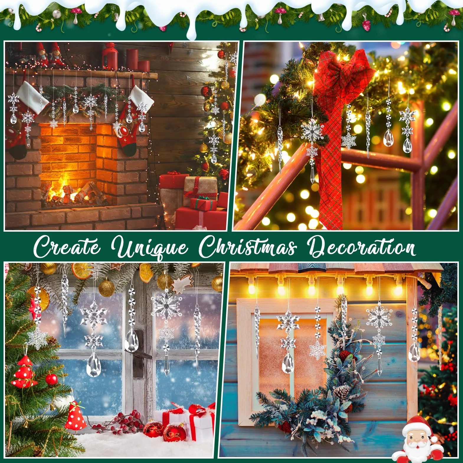 Kiiwah 16 Piezas Adornos de Cristal Decoración Árbol Navidad, Gotas Copo Nieve Acrílico Colgante Carámbano Hogar Ventana