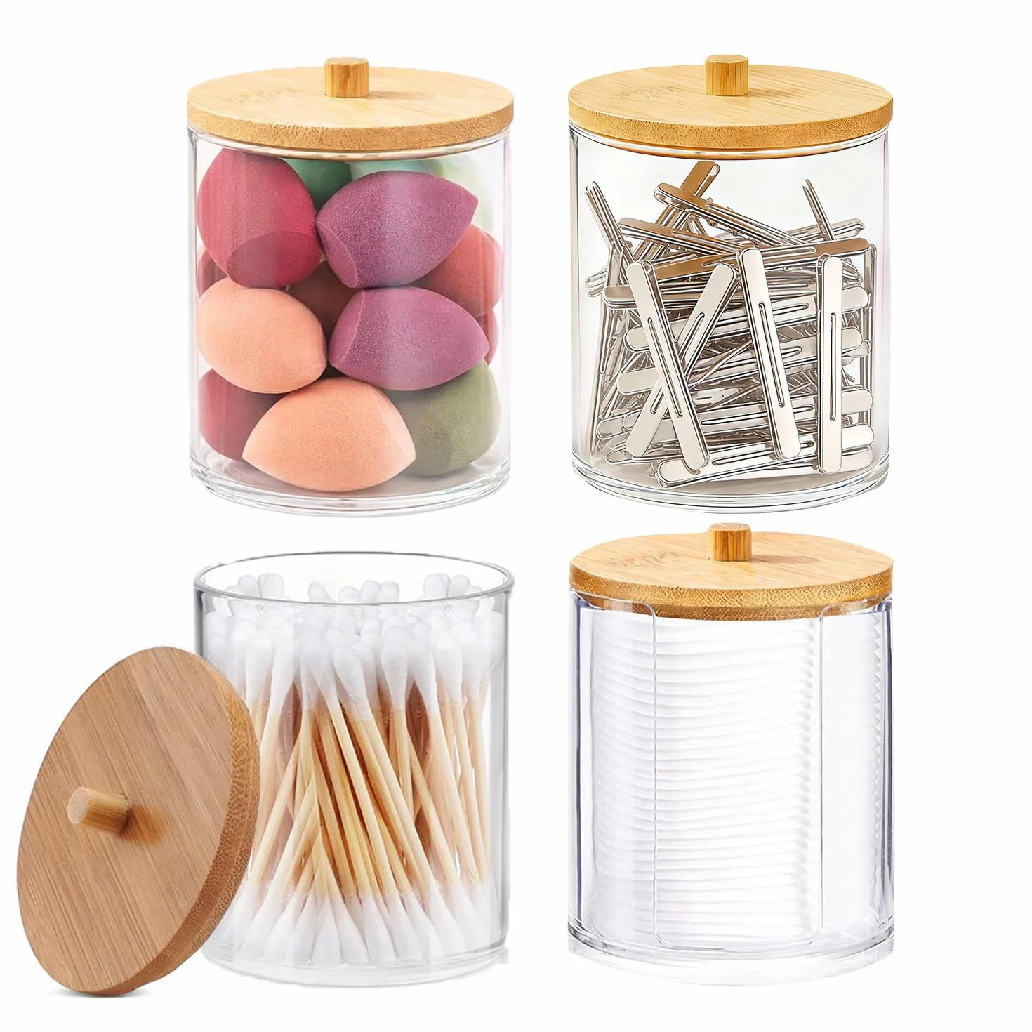 4 Piezas Dispensadores Acrílicos, Recipientes de Baño, Dispensador de Algodón Acrílica, con Tapa, Algodón con Tapas, Discos Desmaquillantes, en El Baño y El Tocador