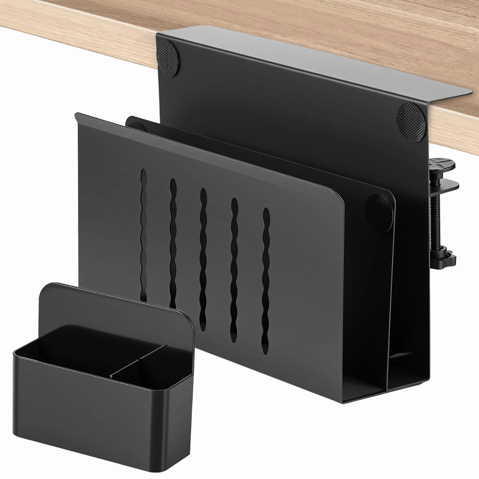Soporte lateral de escritorio, soporte de metal para portátil sin taladrar, con soporte magnético para bolígrafos, almacenamiento debajo del escritorio y soporte para ordenador portátil para