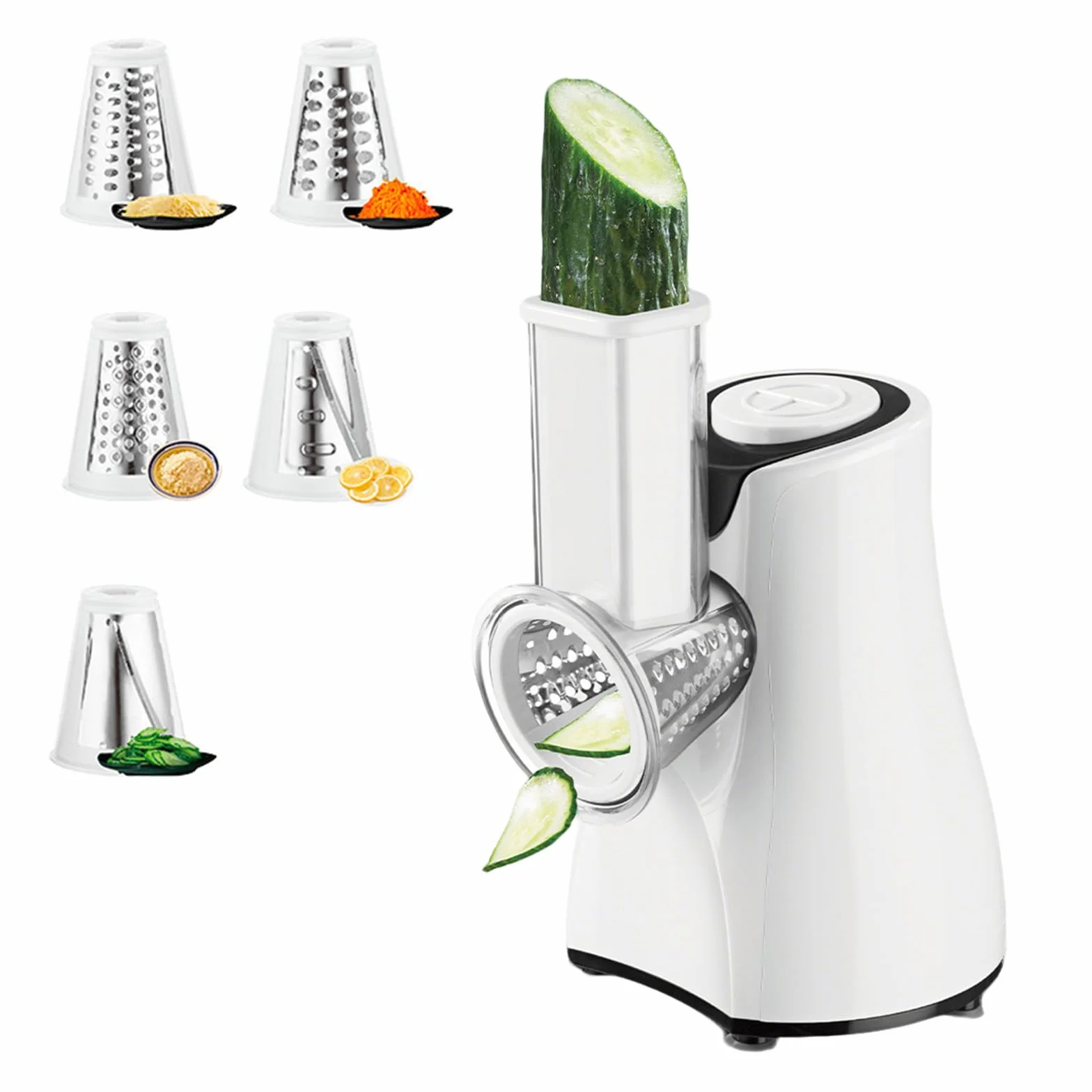 Recortador de verduras eléctrico 5 en 1,800 W, retocadora de verduras con 5 cuchillas Tambor intercambiables,Picadora eléctrica para queso,Zanahorias,Frutas,Patatata,Pepinos (blanco)