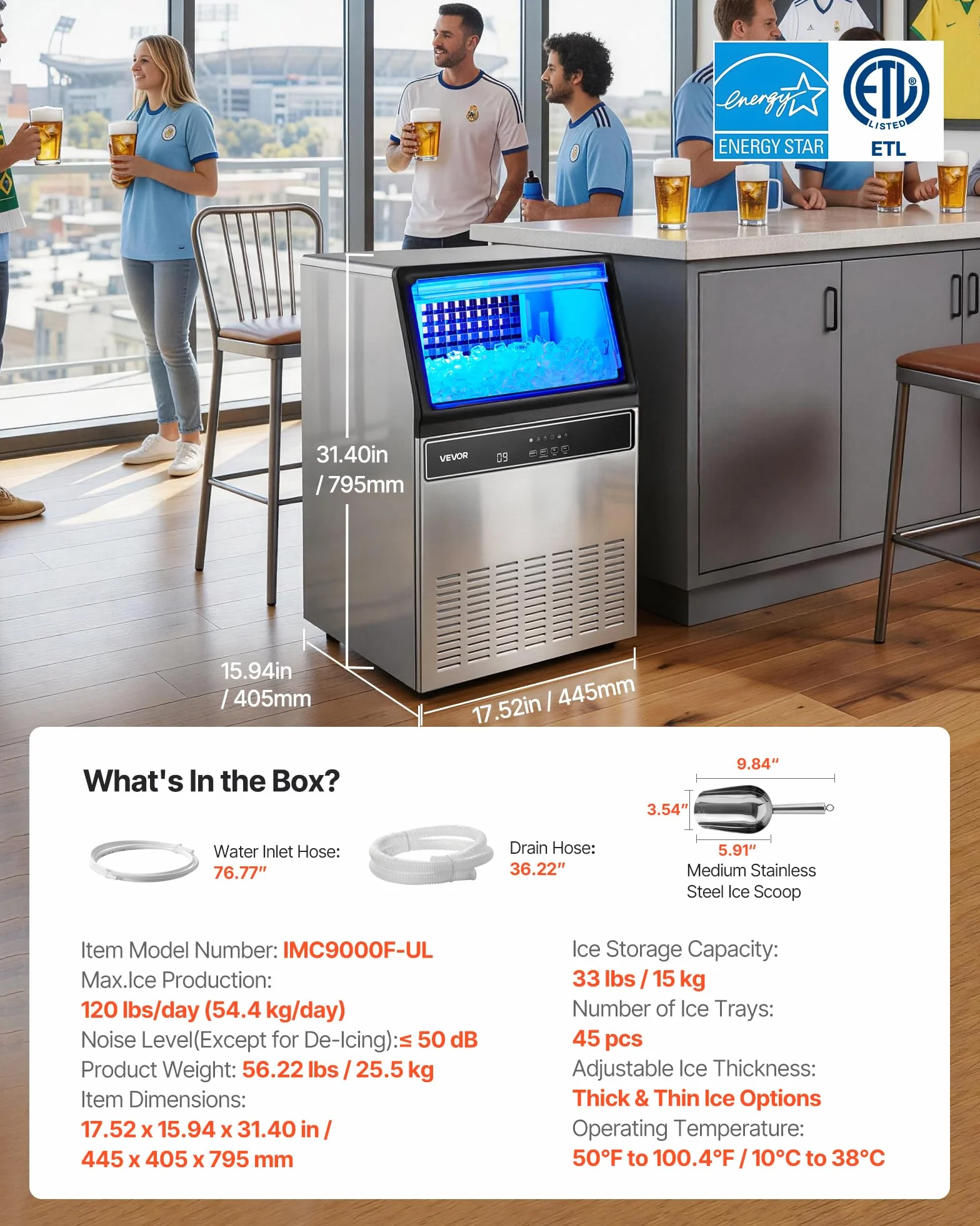 VEVOR Máquina para Fabricar Hielo 54,4 kg/24 h 15 kg Acero Inoxidable Encimera Pantalla LED