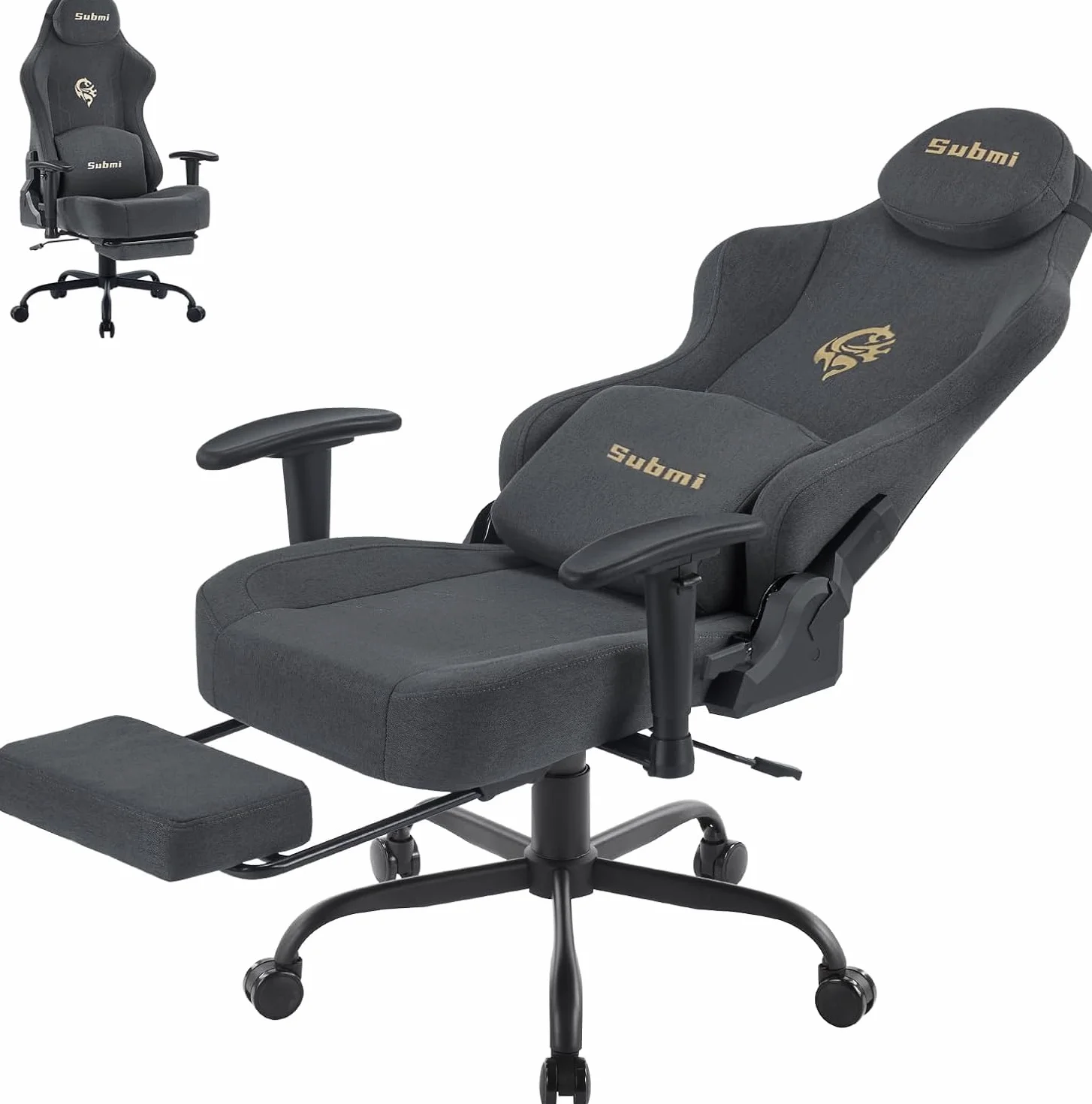 Silla Gaming Ergonómica Réglable Oficina Acolchada PC Gamer Adultos con Reposapiés Soporte Lumbar 150Kg Gris Oscuro