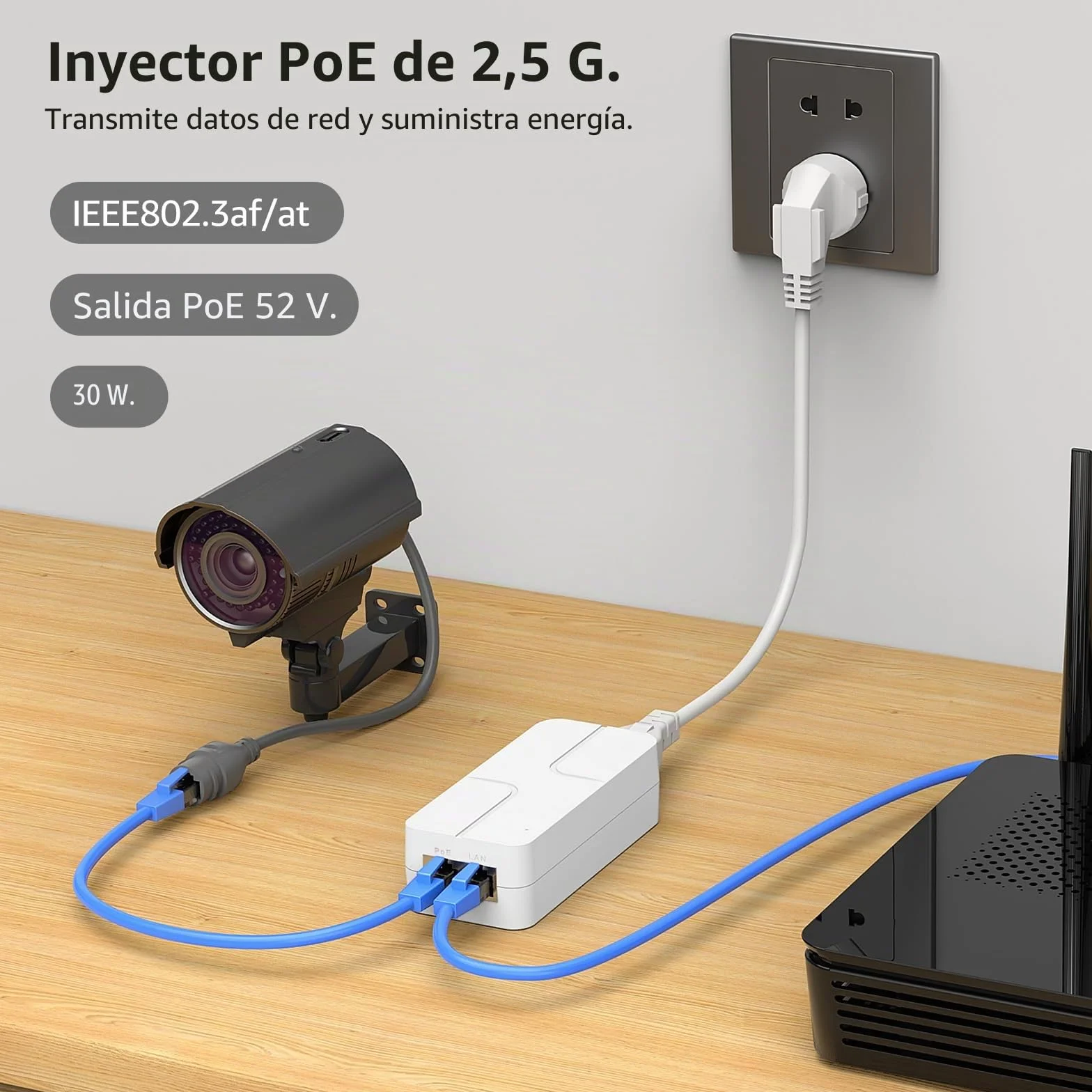 YuanLey Inyector PoE 2.5G 30W, PoE+ Convierte Puerto No-PoE a PoE+, 52V IEEE 802.3at/AF, Adaptador Ethernet 10/100/1000/2500Mbps Plug & Play, hasta 100m