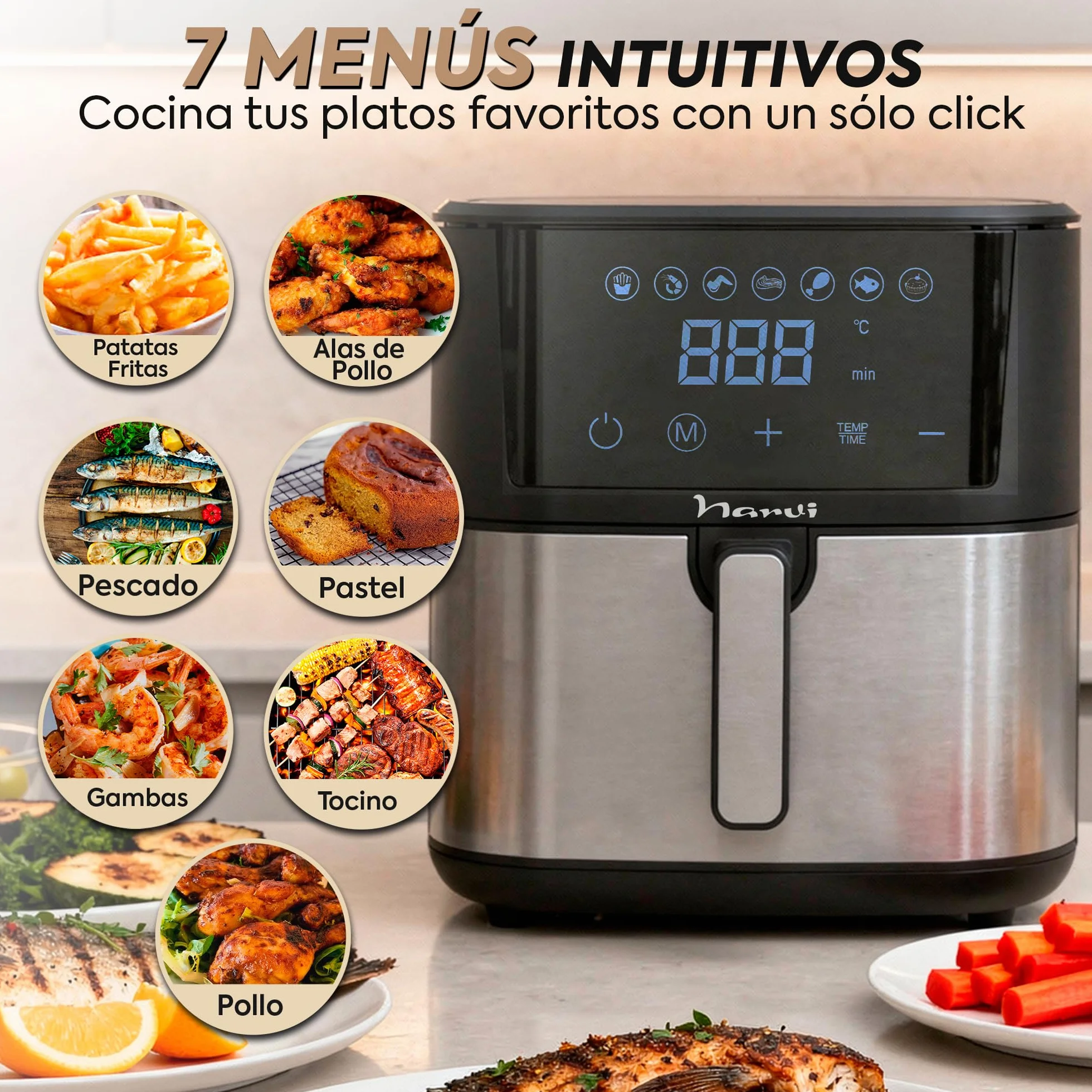 Air Fryer Narvi 1700W 8L XXL Digital Panel 7 Menus 360° 60 Min 80-200°C Acero Inoxidable Sin BPA