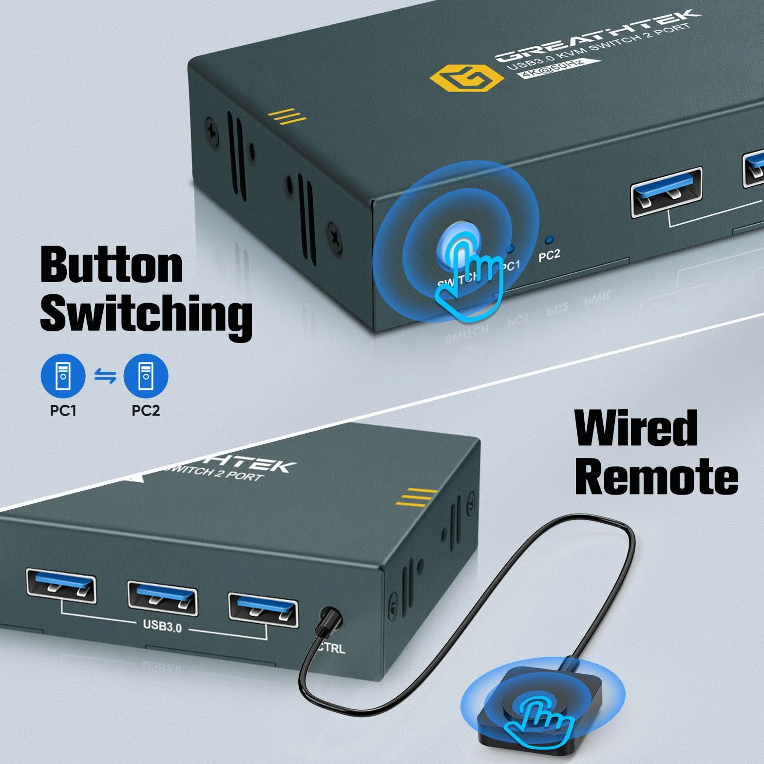 USB 3.0 conmutador KVM HDMI 2 puertos 4K@60Hz, conmutadores KVM para 2 PC 1 monitor Con 3 puertos USB3.0, HDMI2.0, HDCP2.2, soporte de función EDID, Incluye 2 cables USB 3.0
