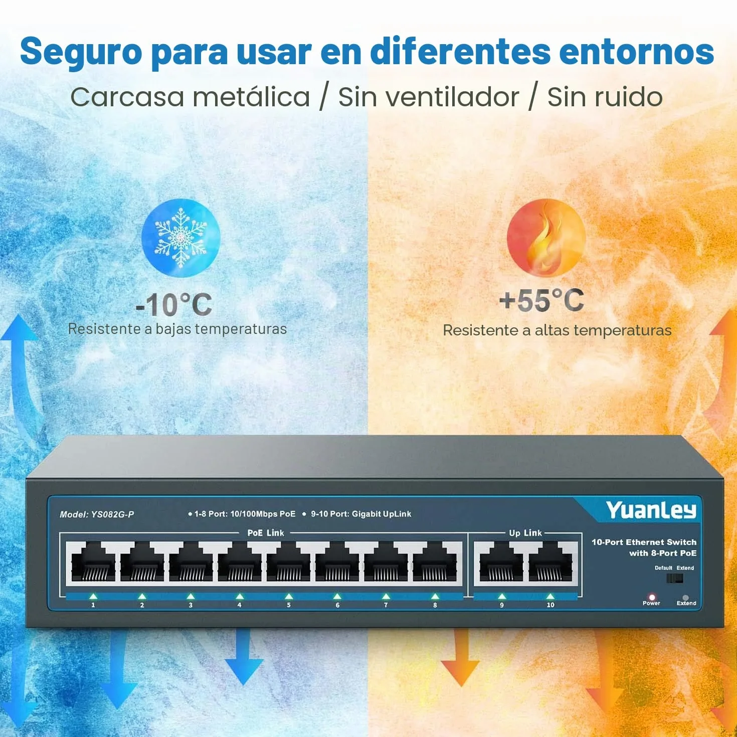 YuanLey 10 Port PoE Switch, 8 PoE+ Port 100Mbps, 2 Uplink Gigabit, 120W 802.3af/at, Función de Extensión, Sin Ventilador, Metal, Plug & Play