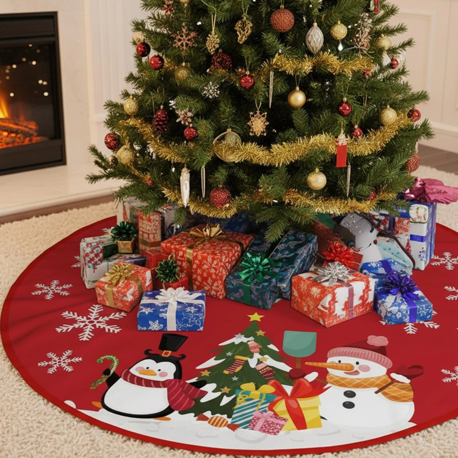 Manta para Árbol de 90cm Cubre Pie y Base Roja Muñeco de Nieve Decoración Navidad