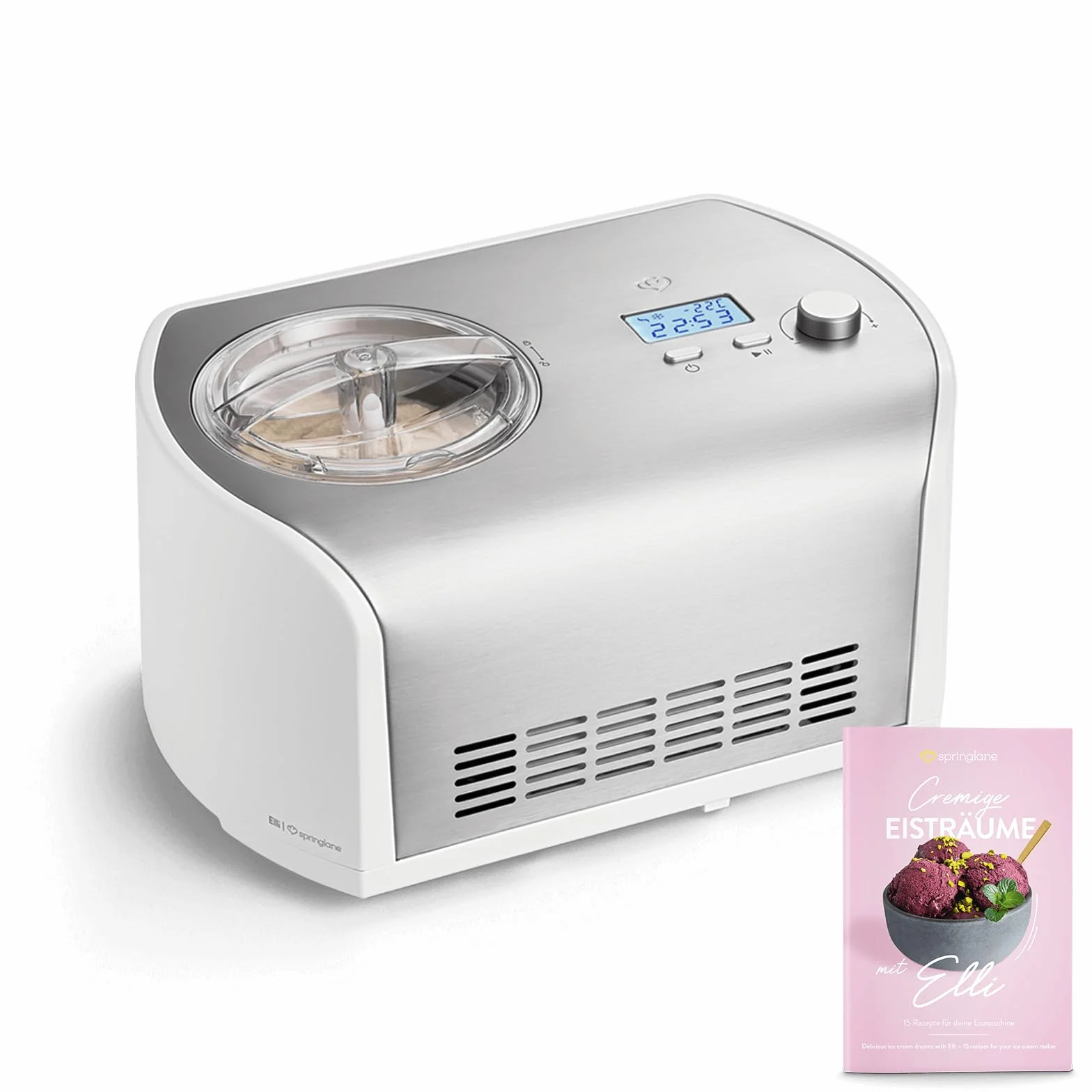 SPRINGLANE Máquina de Hacer Helados con Compresor de 1,2 litros ELLI, Recetas incluidas, Heladera de acero para yogur, Sorbete y Helado, 135 W, display LCD, temporizador, refrigeración