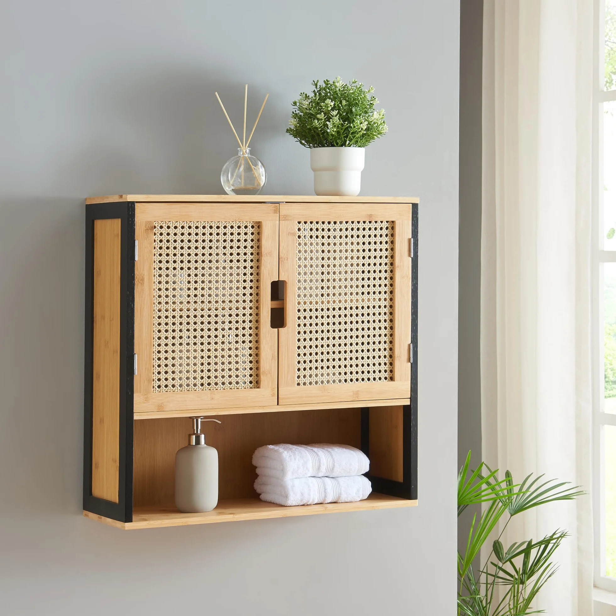 Mueble de Baño Tervola con Puertas Estantería de Pared MDF Bambú 60 x 60 x 20 cm Negro/Natural