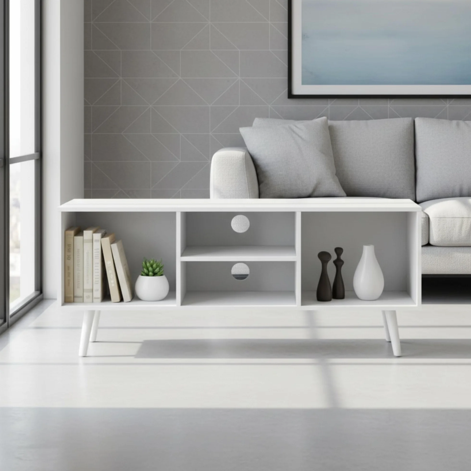 Mueble Auxiliar 4 Compartimentos 110x29x47 cm Blanco de Madera con Estantes, Estantería Moderna para Salón