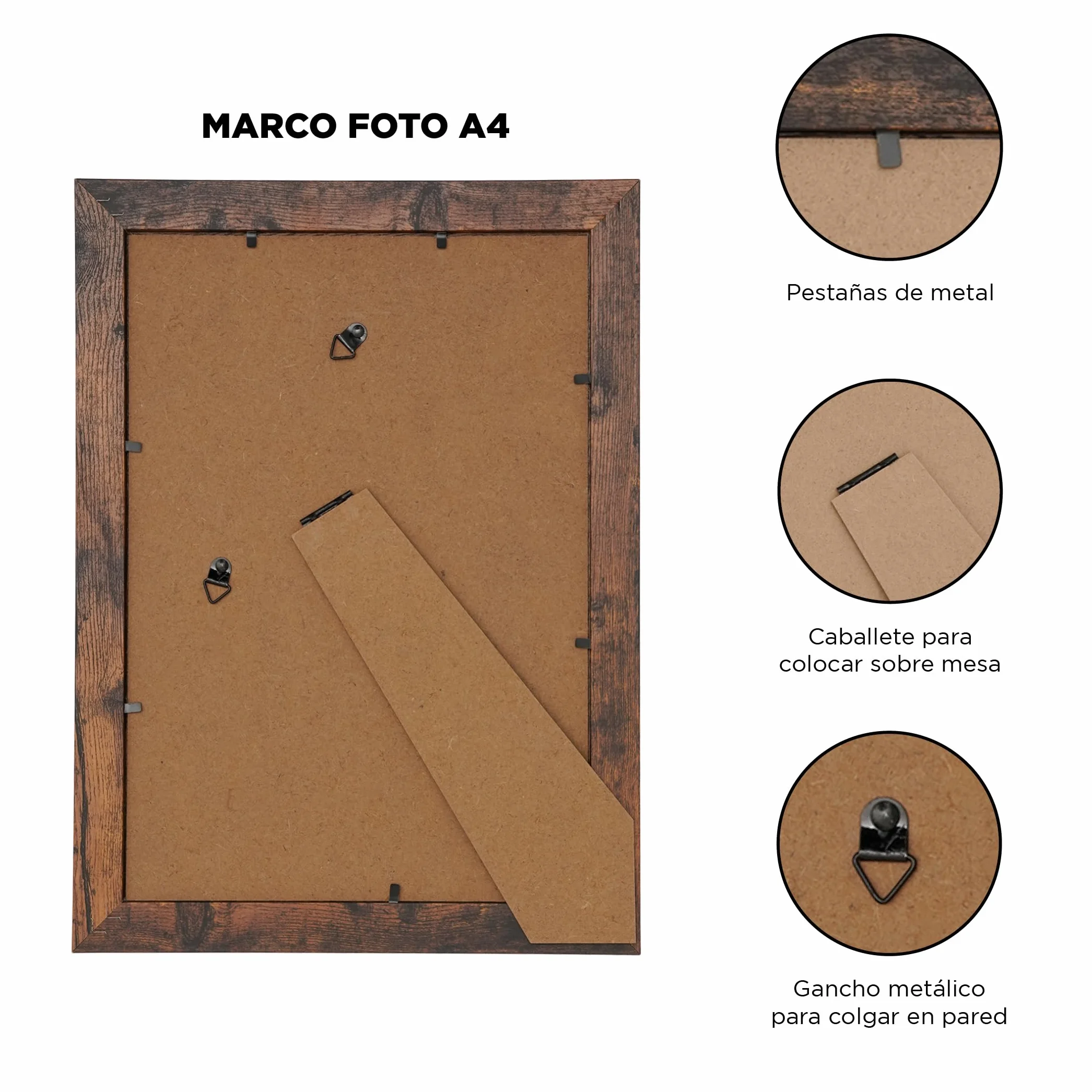 Marco de Fotos A4 Marrón Rústico 21x29,7 cm Portafotos de Pared MDF con Cristal