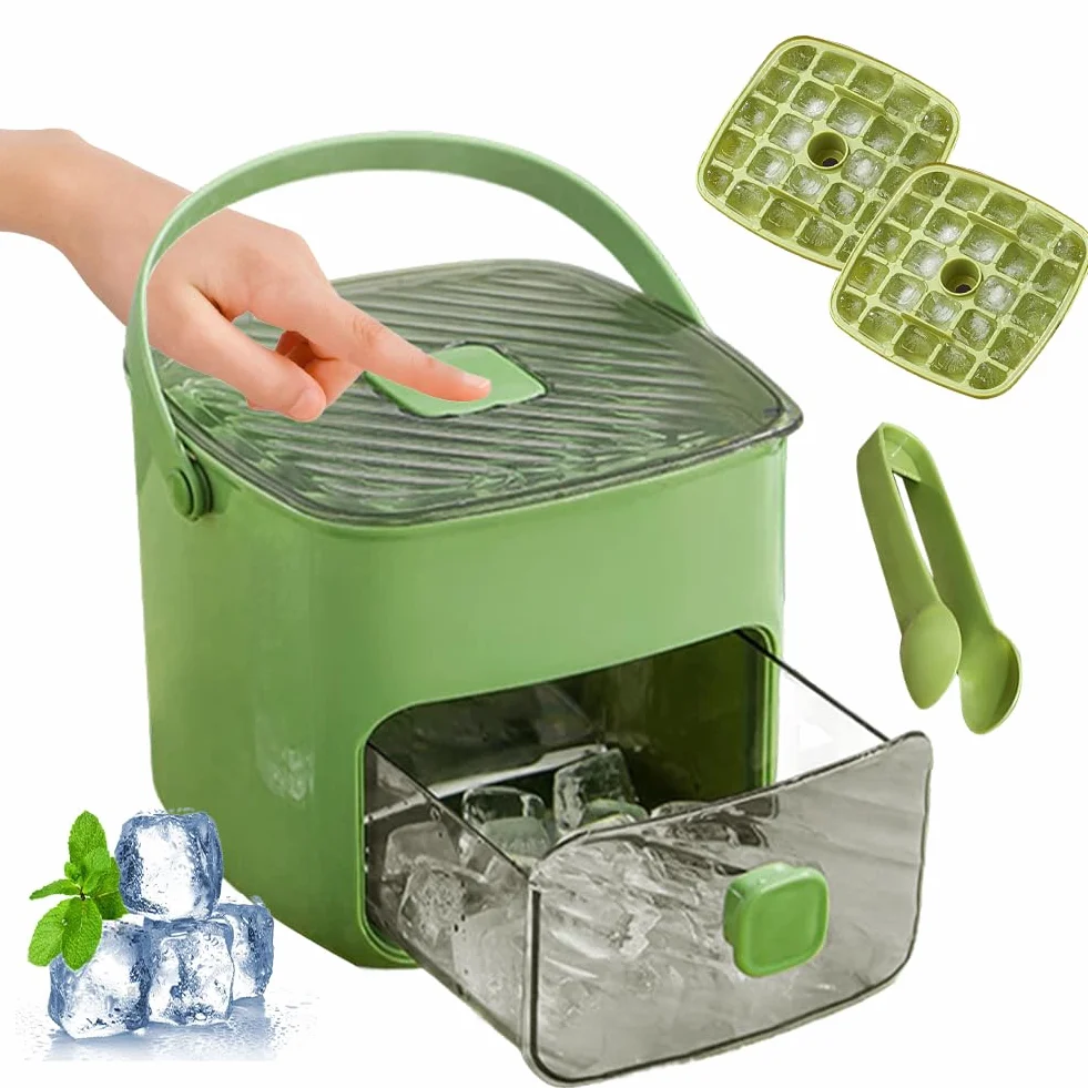 Máquina de cubitos de hielo 48 rejillas con tapa de presión y caja de almacenamiento, juego de moldes reutilizables con cajón